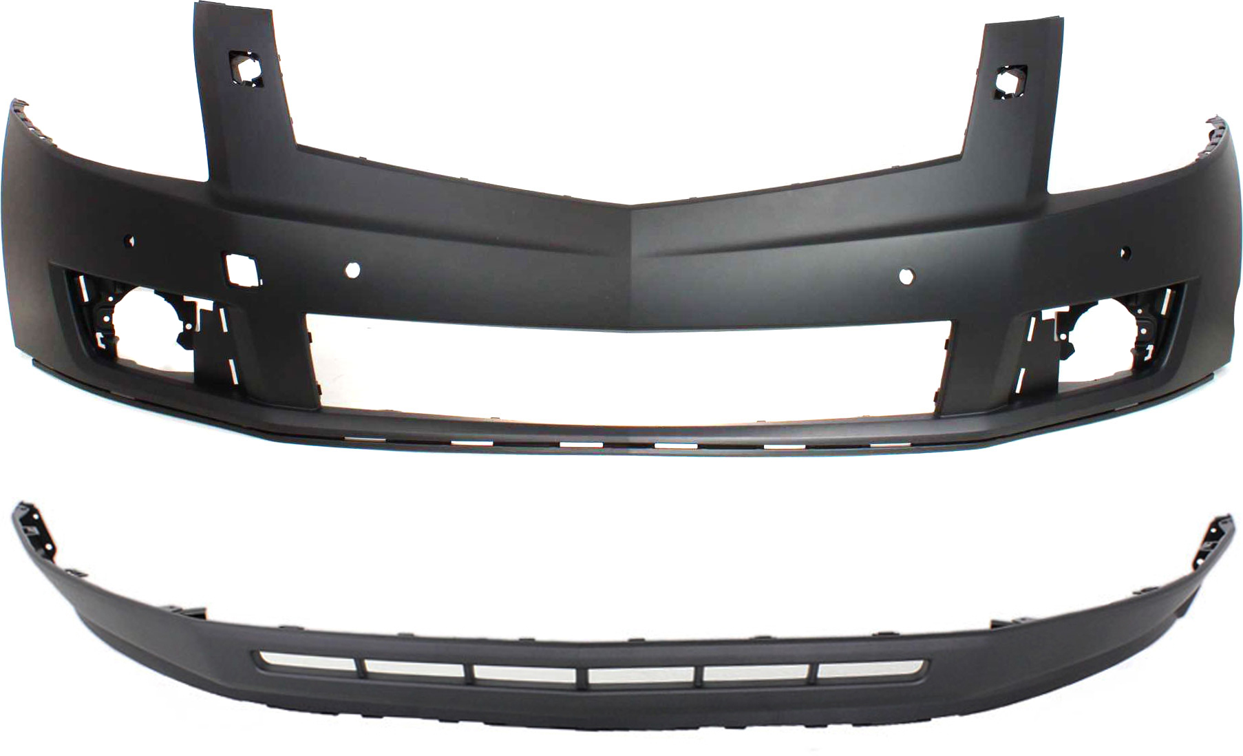 AM SRX 10-12 FRONT BUMPER COVER Upper and Lower Set of 2 w HLW and PAS Holes SKU SET REPC010325P 2 Partslink GM1000914 GM1015108 OEM 20847178-22869264