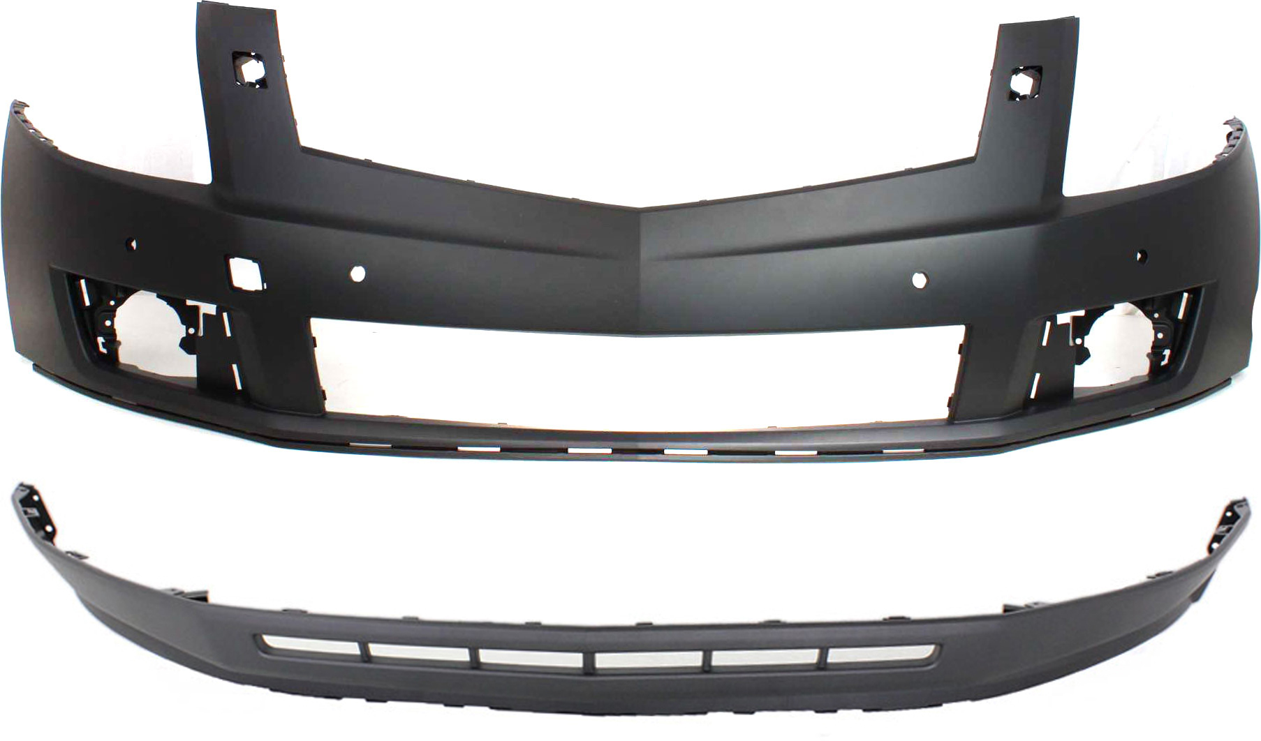 AM SRX 10-12 FRONT BUMPER COVER Upper and Lower Set of 2 w HLW and PAS Holes CAPA SKU SET REPC010325PQ 2 Partslink GM1000914C GM1015108C OEM 20847178-22869264