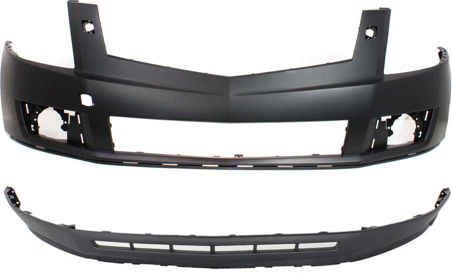 AM SRX 10-12 FRONT BUMPER COVER Upper and Lower Set of 2 w HLW Holes w o PAS Holes SKU SET REPC010326P 2 Partslink GM1000915 GM1015108 OEM 20847175-22869264