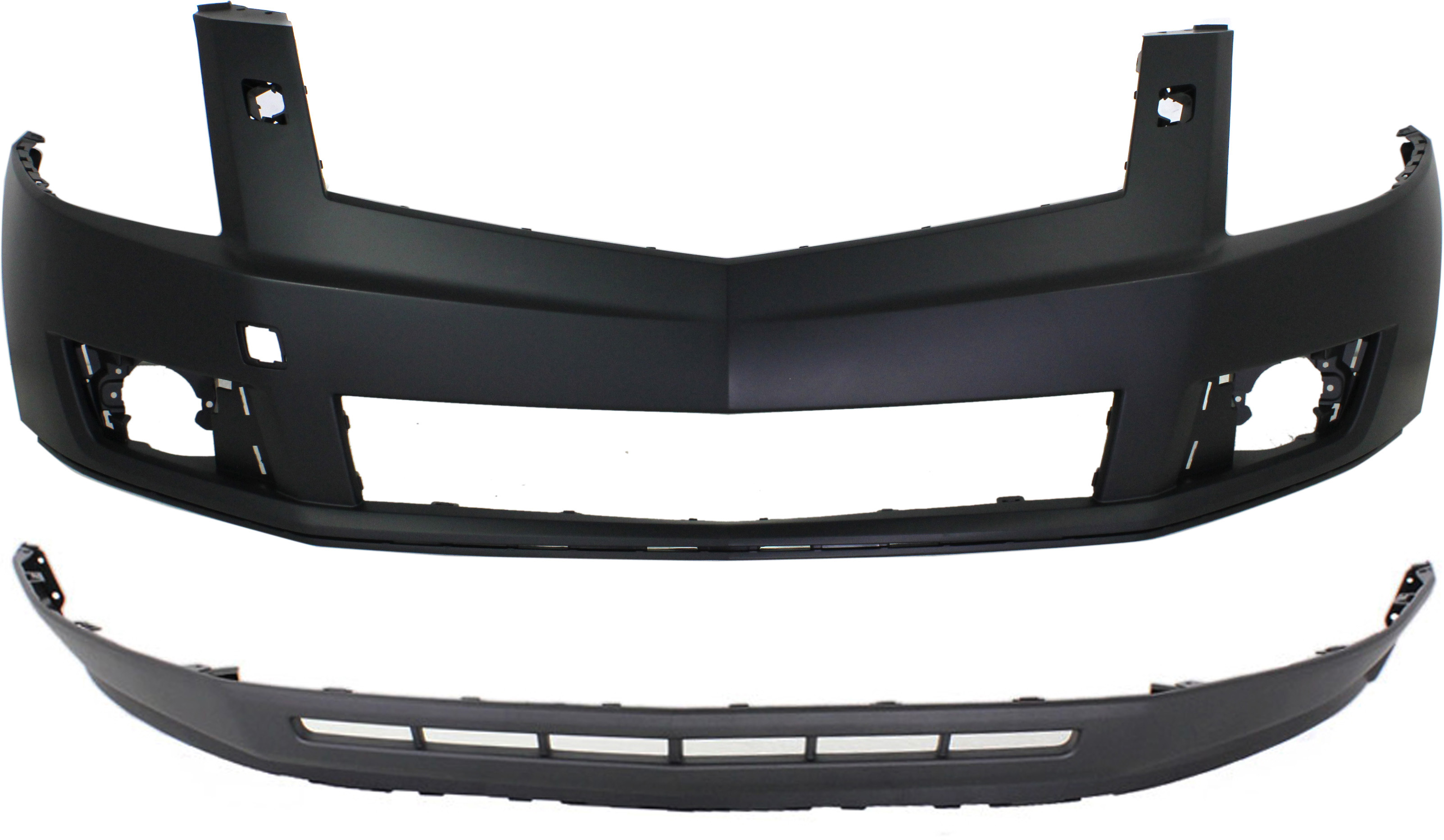 AM SRX 10-12 FRONT BUMPER COVER Upper and Lower Set of 2 w HLW Holes w o PAS Holes CAPA SKU SET REPC010326PQ 2 Partslink GM1000915C GM1015108C OEM 20847175-22869264