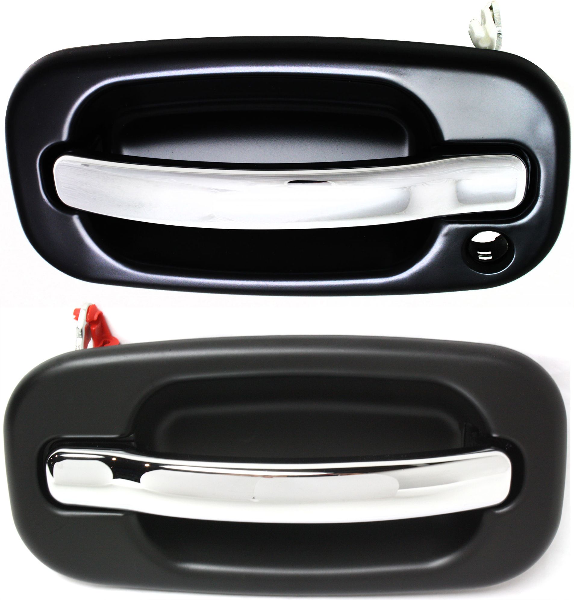 AM SILVERADO 1500-05-05 FRONT EXTERIOR DOOR HANDLE RH AND LH Chrme Lvr+Smth Blk Bezel RH w o Keyhole LH w Keyhole Includes 2007 Classic SKU SET REPC462357 Partslink GM1311153 GM1310149 OEM 15182419-15745149