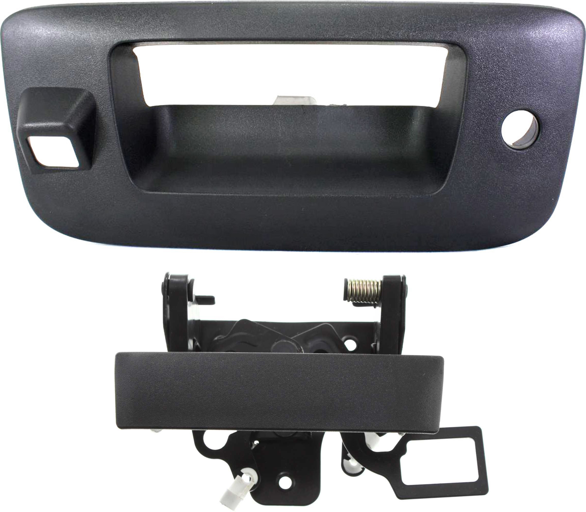 AM SILVERADO SIERRA 1500-07-13-2500-3500 HD 07-14 TAILGATE HANDLE SET Lever and Bezel Txtrd Blk w Cam w Keyhole Excludes 2007 Classic SKU SET REPC580737-2 Partslink GM1915124 GM1915136 OEM 20880358-20928119-22755304