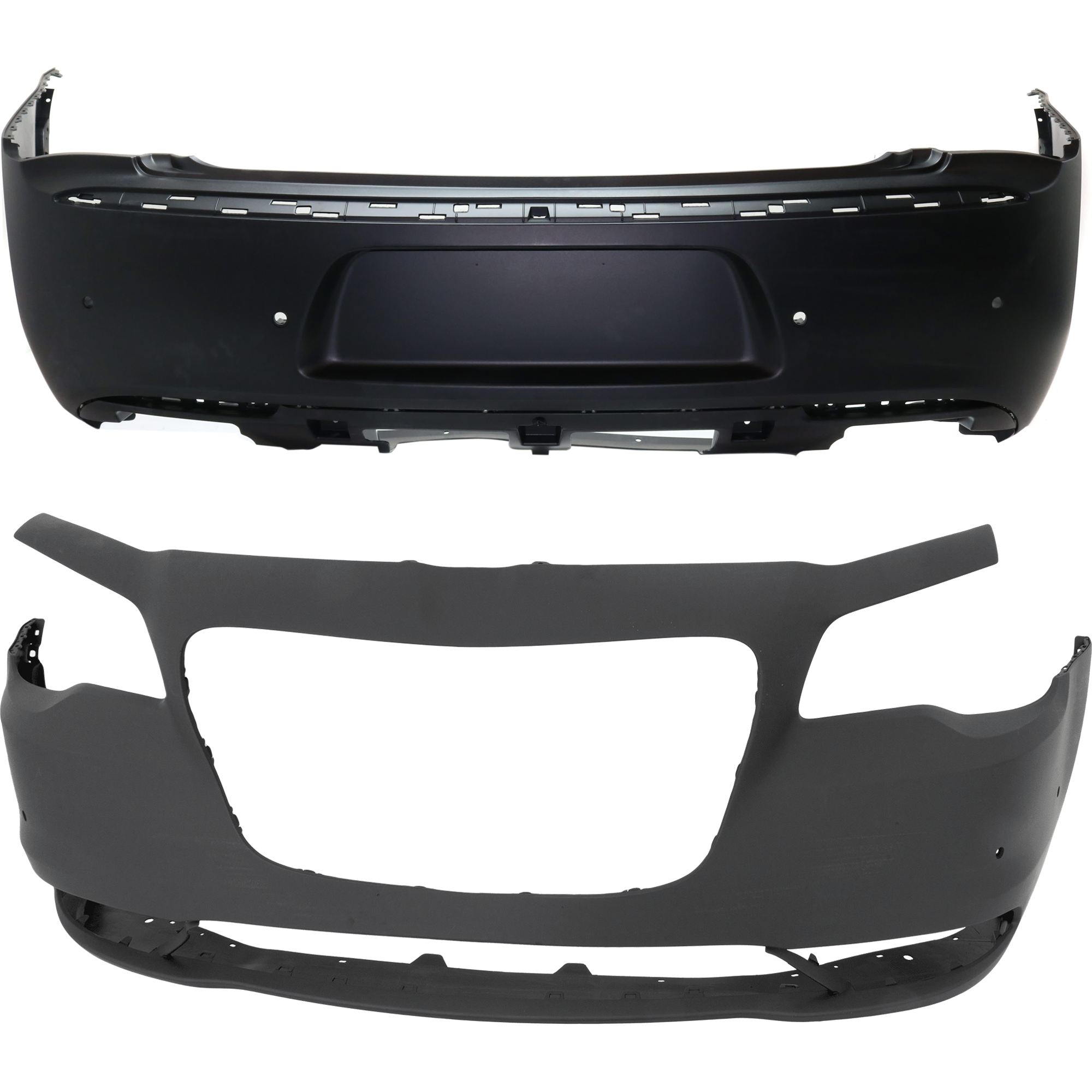 AM CHRYSLER 300-15-23 FRONT AND REAR BUMPER COVER Primed w o mounting bracket s w parking aid sensor holes CAPA SKU SET REPCH010304PQ A Partslink CH1000A22C CH1100A00C OEM 5PN42TZZAE 5PN47TZZAD