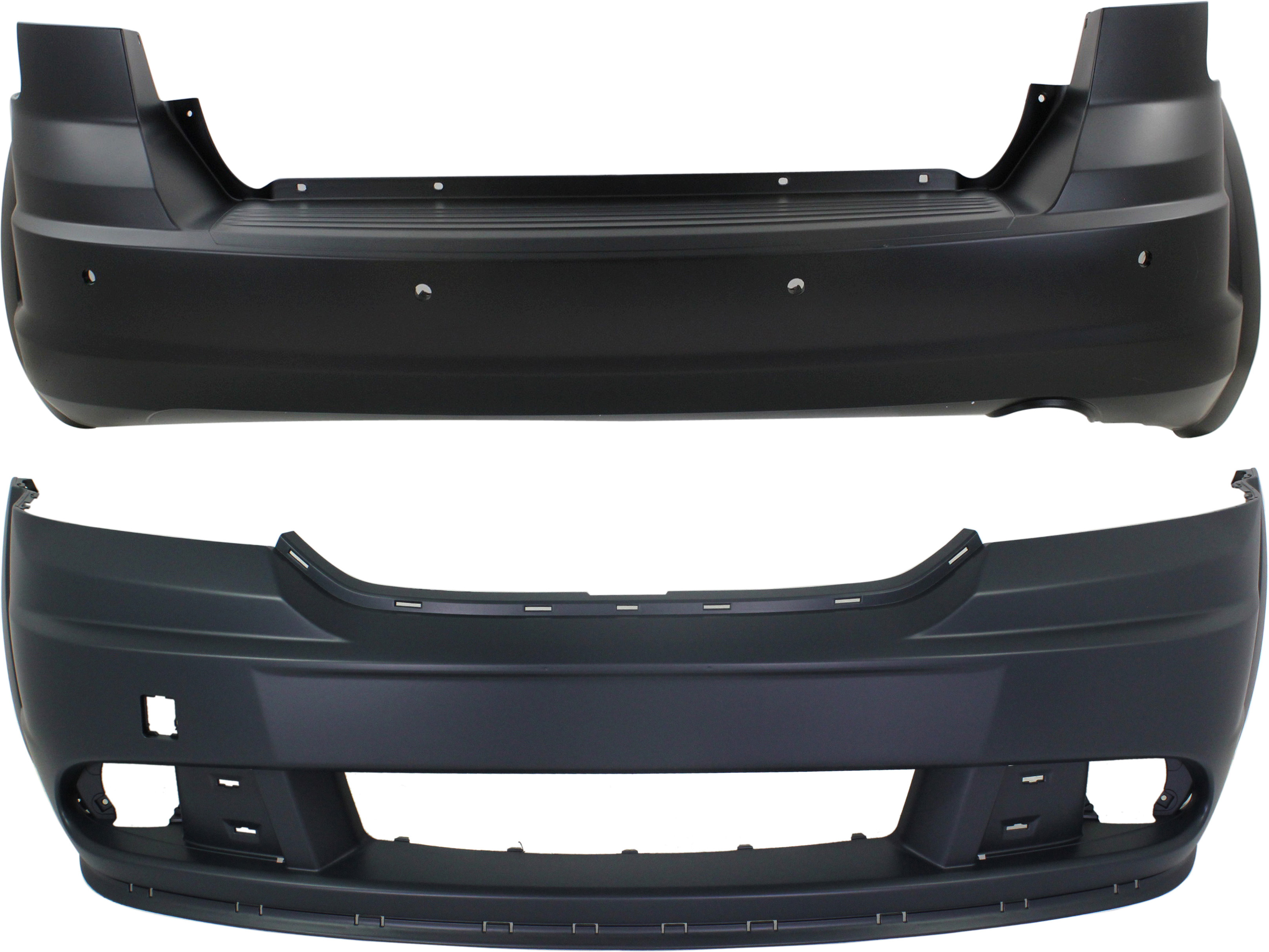 AM JOURNEY 11-15 FRONT AND REAR BUMPER COVER Primed w o Fascia 1 pc design SKU SET REPD010359P 2 Partslink CH1000999 CH1100972 OEM 1SW02TZZAC PFM 1SU15TZZAG
