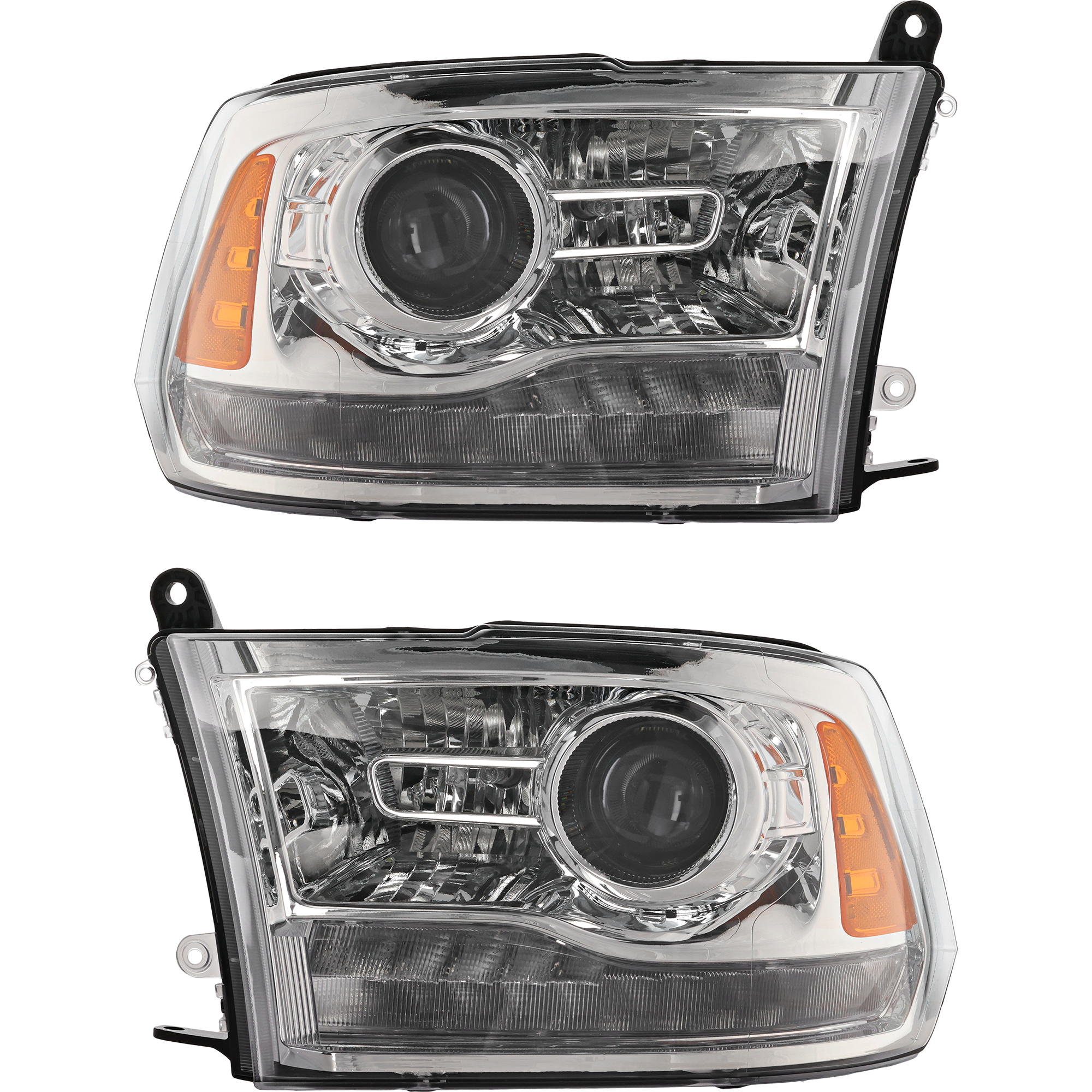 AM RAM FULL SIZE PICKUP 13-15 PROJECTOR HEAD LAMP RH AND LH Assembly Halogen Chrome Interior SKU SET REPD100167 Partslink CH2502244 CH2503244 OEM 68093216AD 68093216AB 68093217