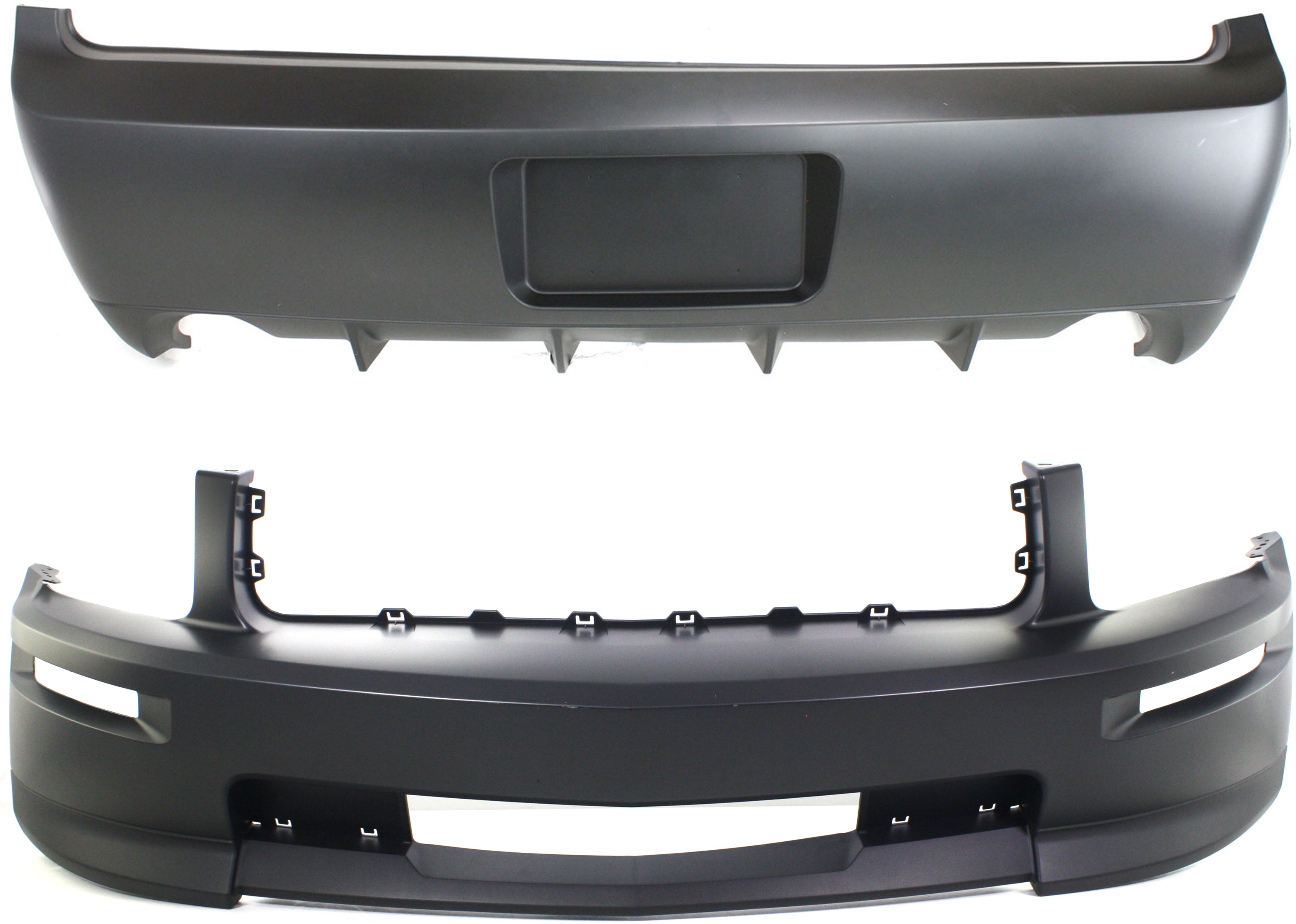 AM MUSTANG 07-09 FRONT AND REAR BUMPER COVER Primed w Calif Pkg. GT Model SKU SET REPF010304P 2 Partslink FO1000614 FO1100660 OEM 7R3Z17D957AAPTM 7R3Z17K835AAPT