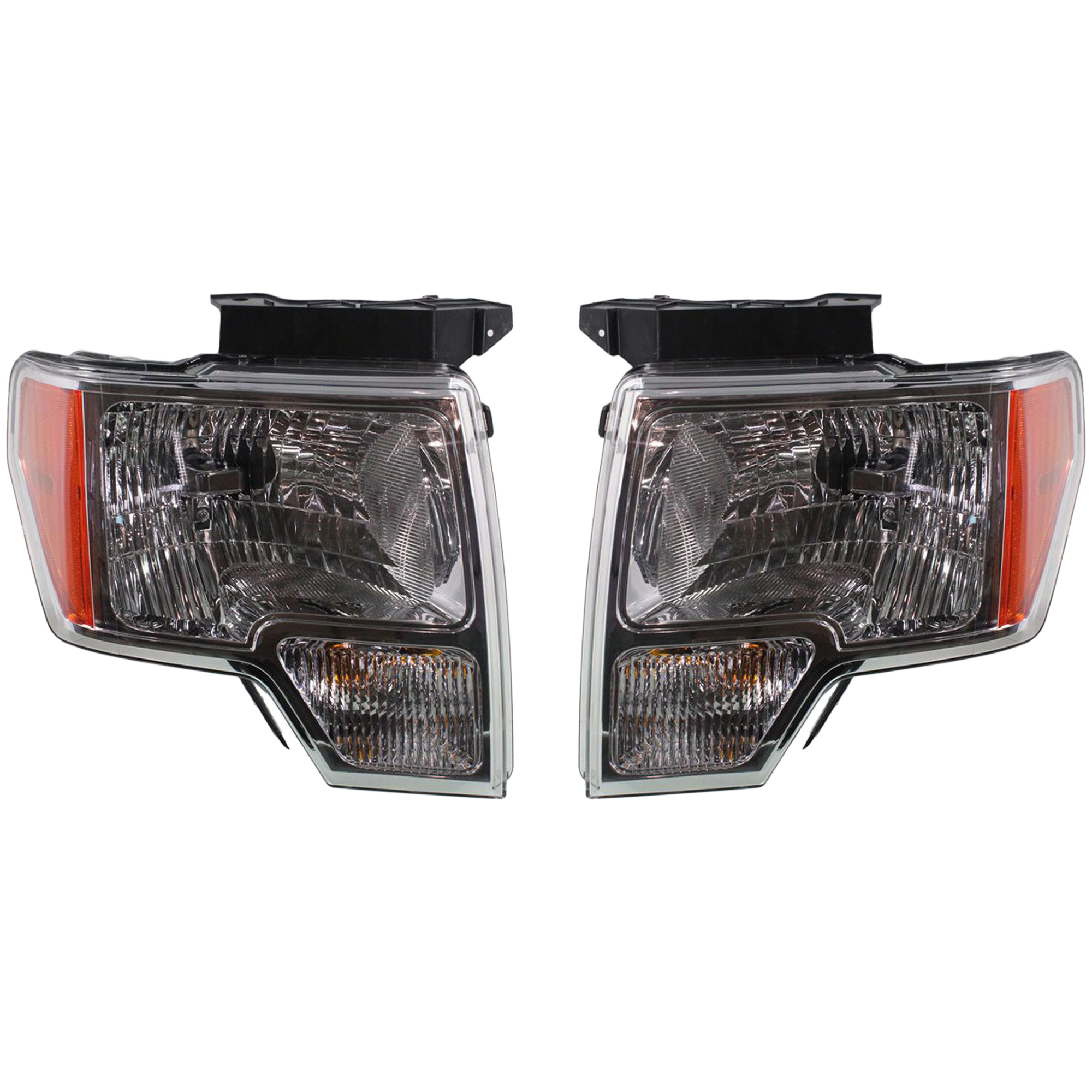 AM F 150-09-14 HEAD LAMP RH AND LH Assembly Halogen w Chrome Trim SKU SET REPF100109 Partslink FO2502287 FO2502289 FO2503287 FO2503289 OEM DL3Z13008B DL3Z13008EC DL3Z130