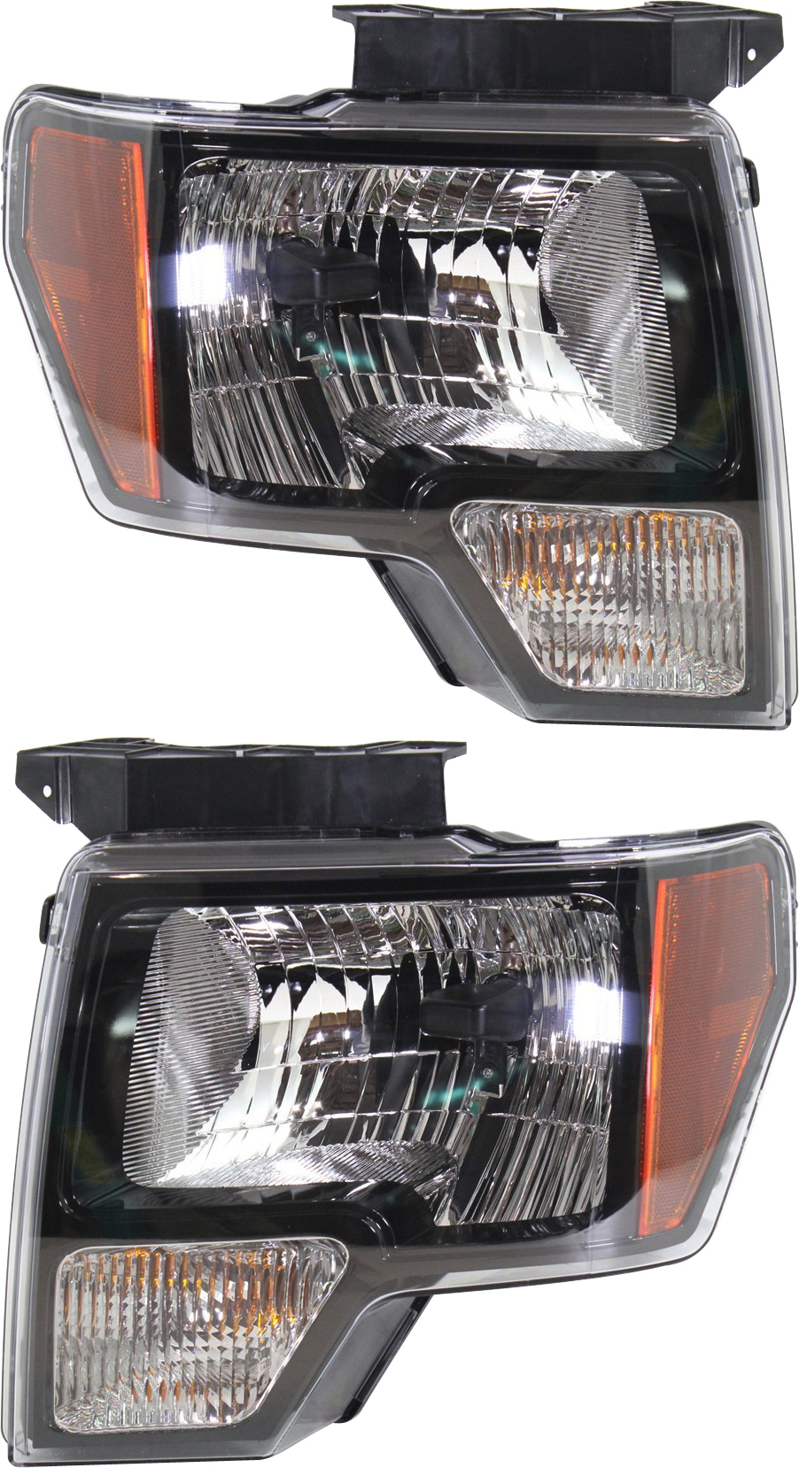 AM F 150-10-14 HEAD LAMP RH AND LH Assembly Halogen w Black Trim CAPA SKU SET REPF100153Q Partslink FO2502289C FO2503289C OEM DL3Z13008EB DL3Z13008EC