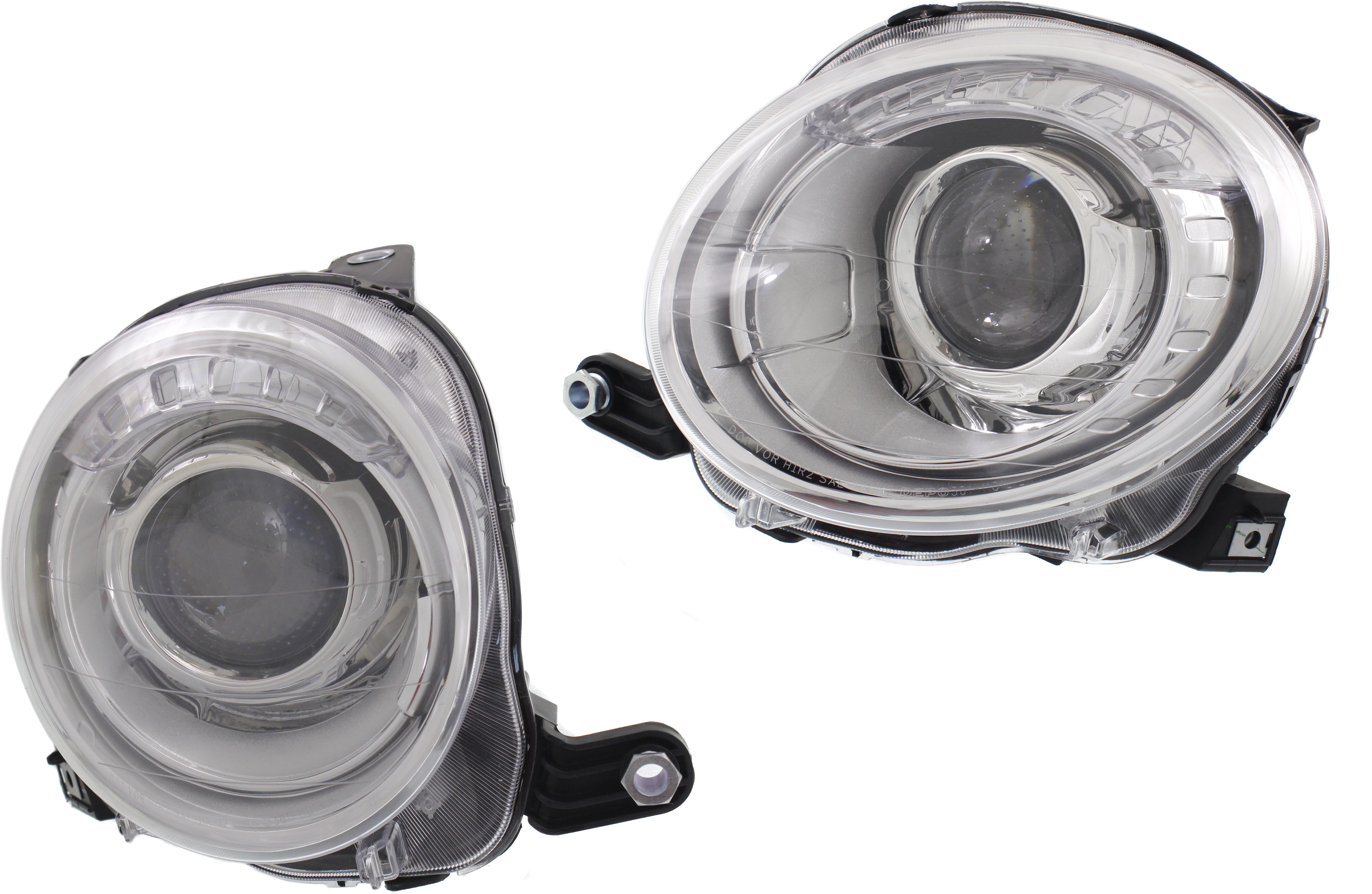 AM FIAT 500-12-19 PROJECTOR HEAD LAMP RH AND LH Assembly Halogen w o Black Trim Hatchback CAPA SKU SET REPF100185Q Partslink FI2503100C FI2502100C OEM 5182428AE 5182429AE