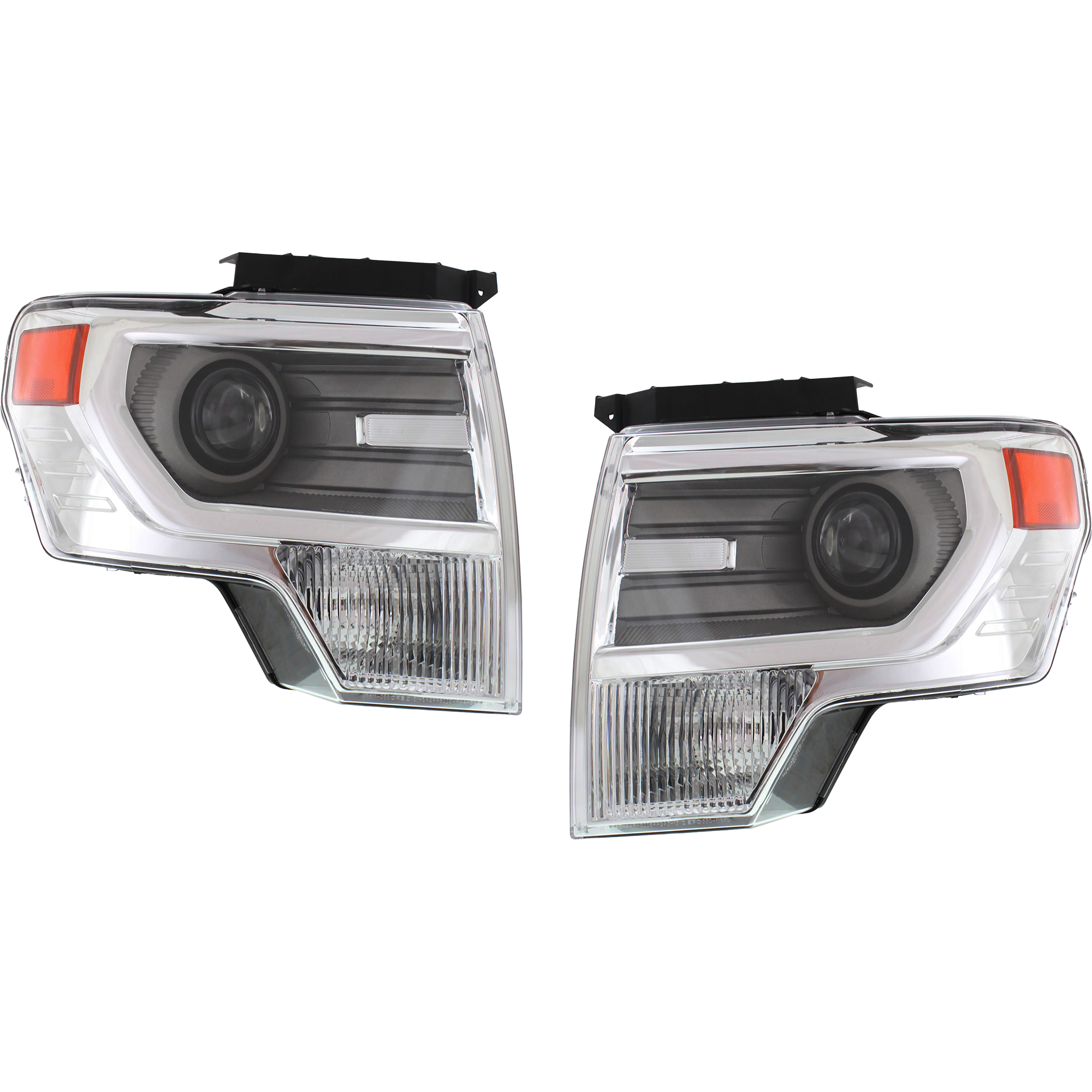 AM F 150-13-14 HEAD LAMP RH AND LH Lens and Housing HID Xenon w o HID Kit Chrome Interior CAPA SKU SET REPF100189Q Partslink FO2518120C FO2519120C OEM DL3Z13008AB DL3Z13008AC
