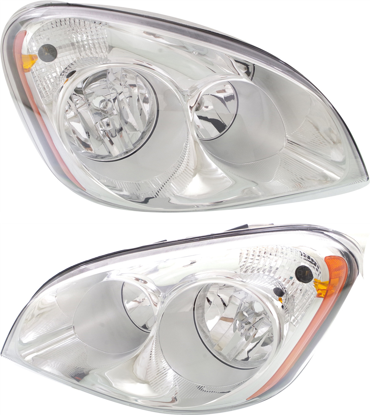 AM CASCADIA HD TRUCK 08-17 HEAD LAMP RH and LH Assembly Halogen Chrome Interior Clear Lens SKU SET REPF100337HD OEM A0651907006 A0651907007