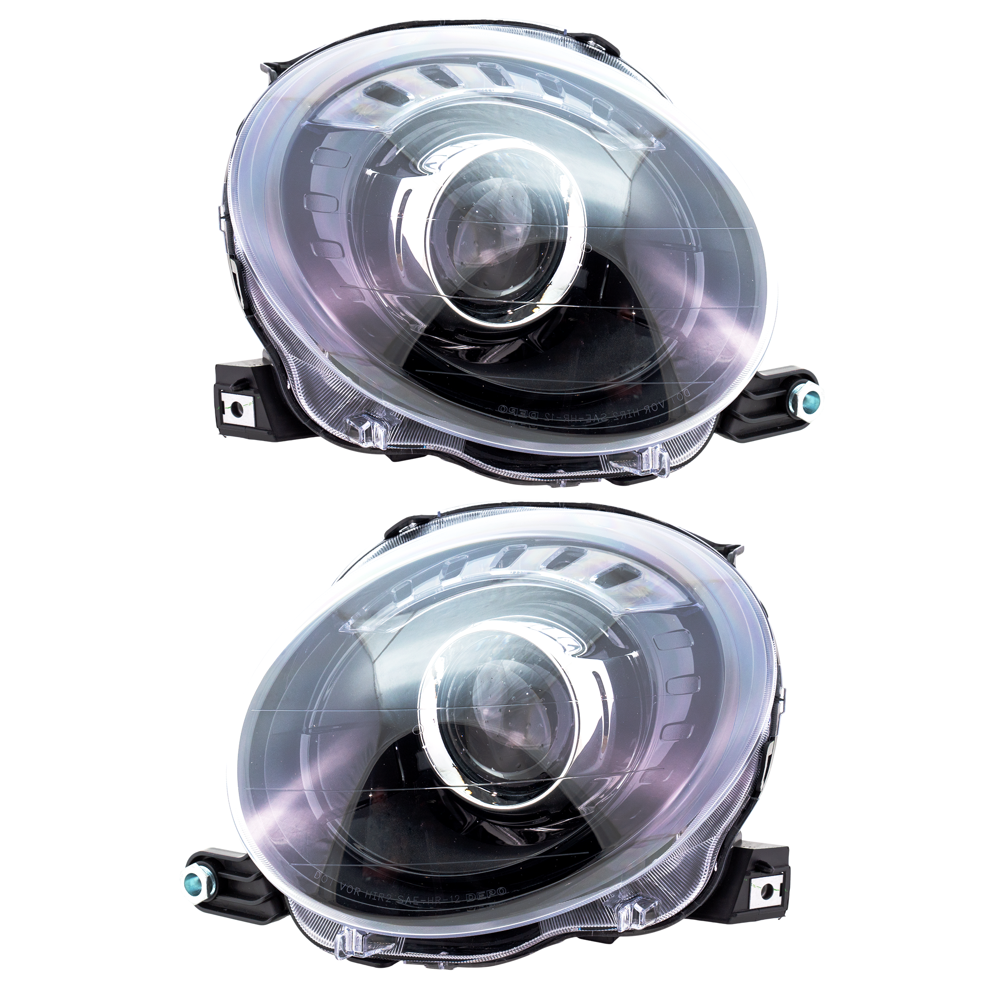 AM FIAT 500-12-19 PROJECTOR HEAD LAMP RH AND LH Assembly Halogen w Black Trim CAPA SKU SET REPF103601Q Partslink FI2502101C FI2503101C OEM 68172230AC 68172231AC