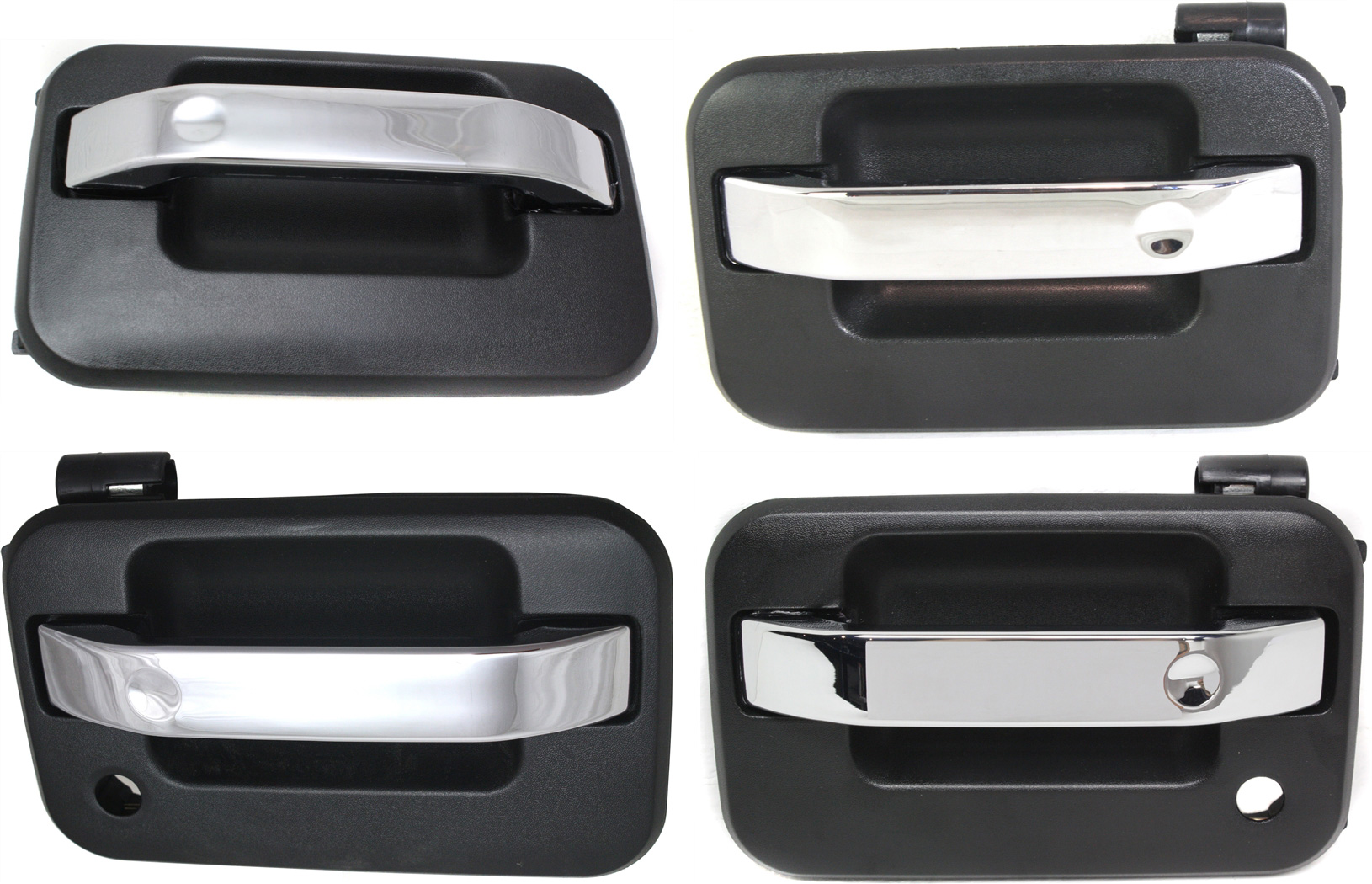 AM F 150-04-15 FRONT AND REAR EXTERIOR DOOR HANDLE RH AND LH Black bezel with chrome lever Set of 4 SKU SET REPF462111-4 Partslink FDH010035 FDH010036 FO1311129 OEM 9L3Z1522405BB 9L3Z1626604AA 9L