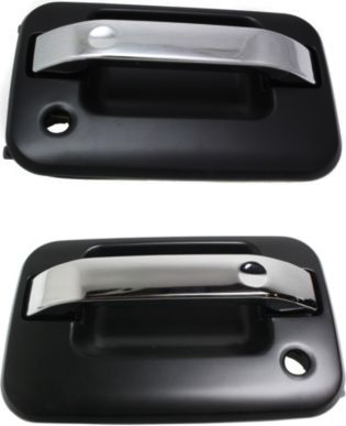 AM F 150-04-14 MARK LT 06-08 FRONT EXTERIOR DOOR HANDLE RH AND LH Chrome Lever Smooth Blak Housing w Keyhole w Plastic Connector SKU SET REPF462115 OEM CL3Z1522404AB PFM 8L3Z1522405A