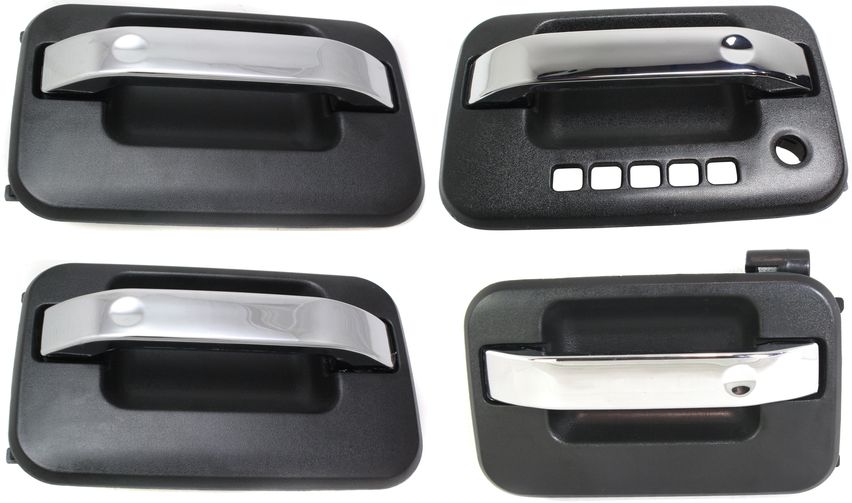 AM F 150-04-15 FRONT AND REAR EXTERIOR DOOR HANDLE RH AND LH Black bezel with chrome lever Set of 4 SKU SET REPF462121-4 Partslink FDH010036 FDH010035 OEM 9L3Z1522404AA 9L3Z1522405AB 9L