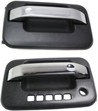 AM F 150-04-22 MARK LT 06-08 FRONT EXTERIOR DOOR HANDLE RH AND LH Chrome Lever Textured Black Housing RH w o Keyhole LH w Keyhole and Keypad Hole w Plastic Connector SKU SET REPF462121 OEM 9L3Z1522404AA 9L3Z1522405AB