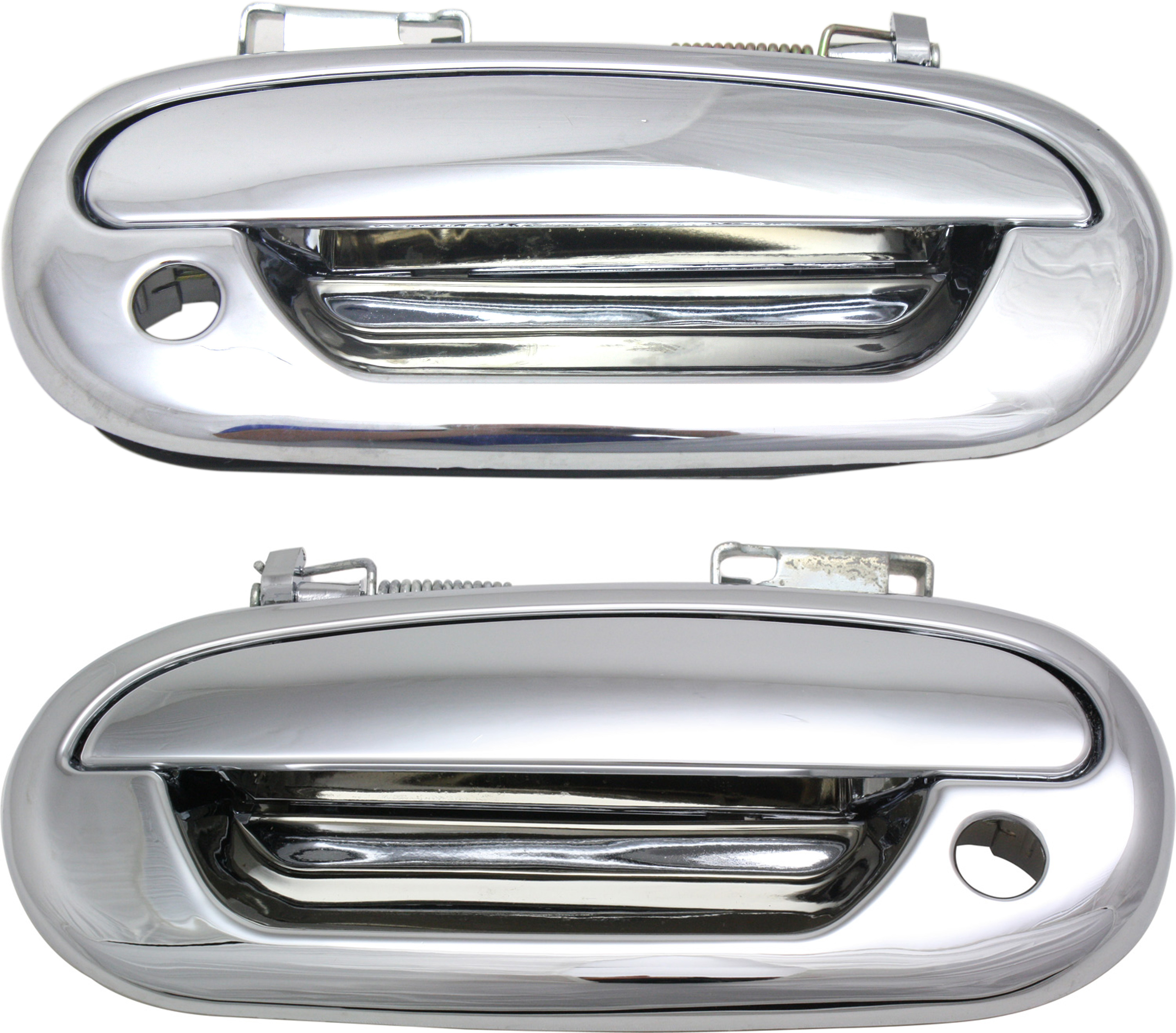AM F 150-02-03 FRONT EXTERIOR DOOR HANDLE RH AND LH All Chrome w Keyhole SKU SET REPF462317C Partslink FDH010034 FDH010033 OEM YL3Z1522404AAA PFM YL3Z1522405