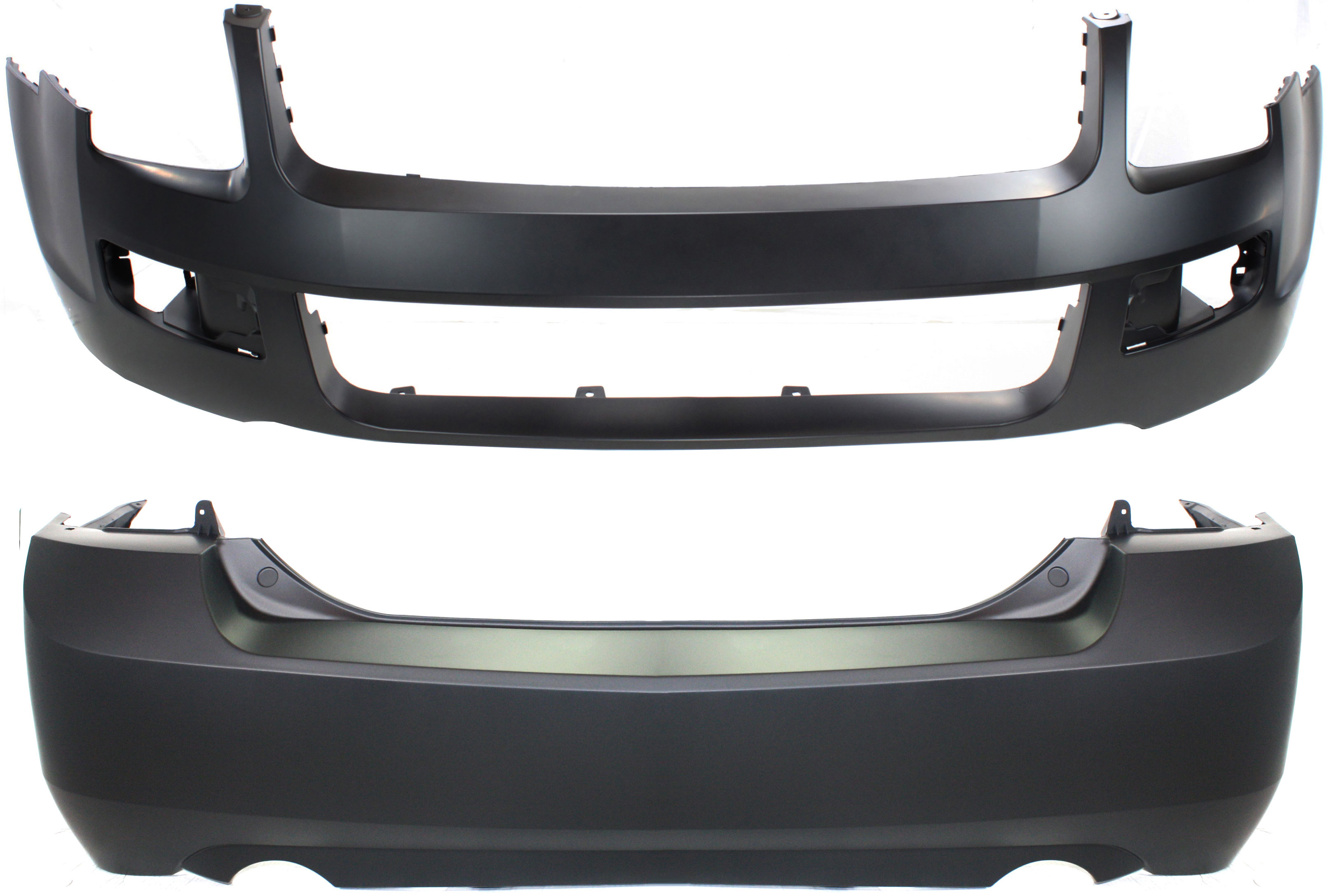 AM FUSION 06-09 FRONT AND REAR BUMPER COVER Primed 3.0L Eng SKU SET REPF760104P 2 Partslink FO1000596 FO1100593 OEM 6E5Z17D957CAPTM 8E5Z17K835HAPT