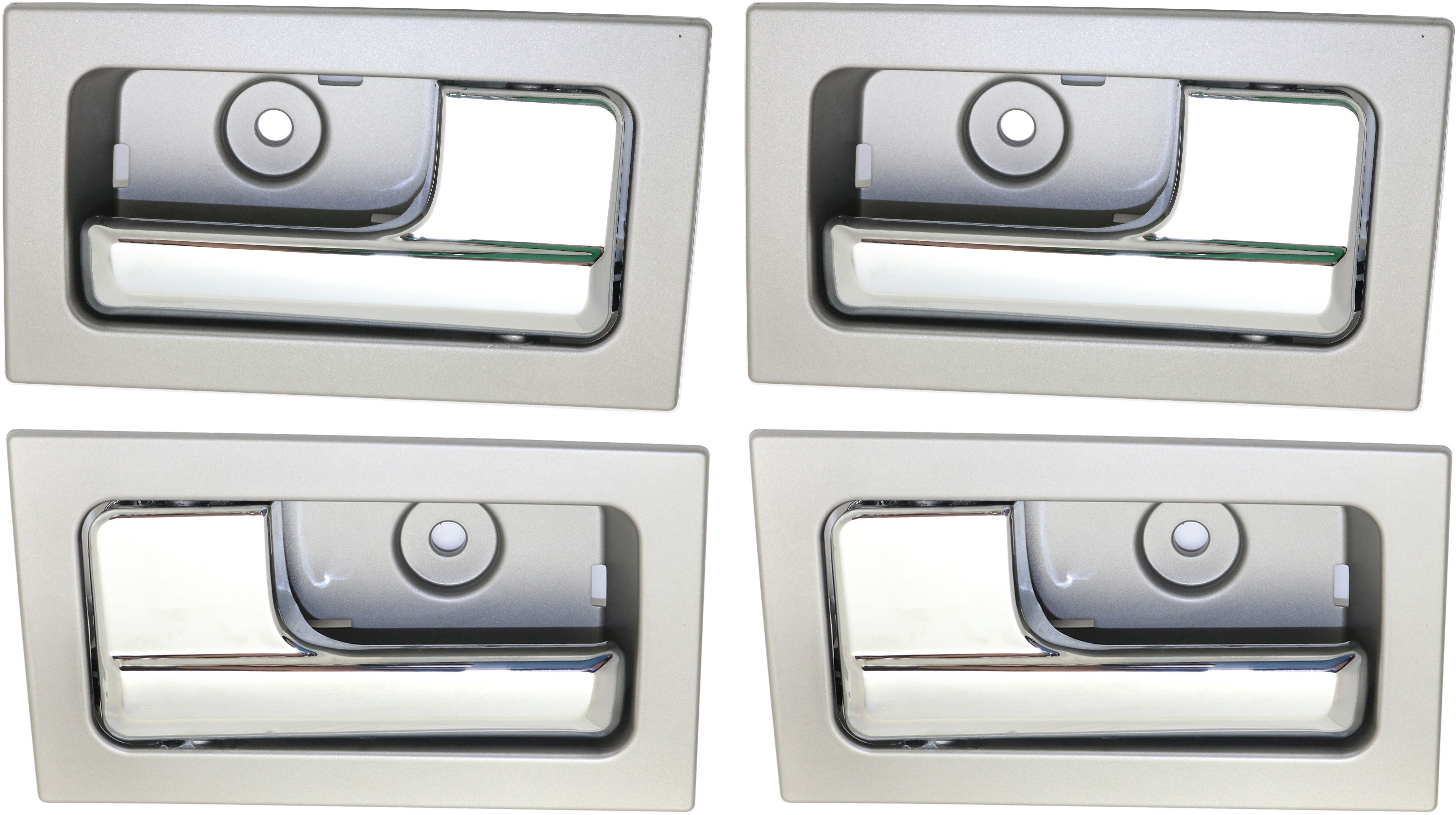 AM F 150-09-14 INTERIOR DOOR HANDLE Set of 4 Front and Rear RH and LH Silver bezel with chrome lever SKU SET REPFD462339-4 OEM CL3Z1522600EA PFM CL3Z1522601E