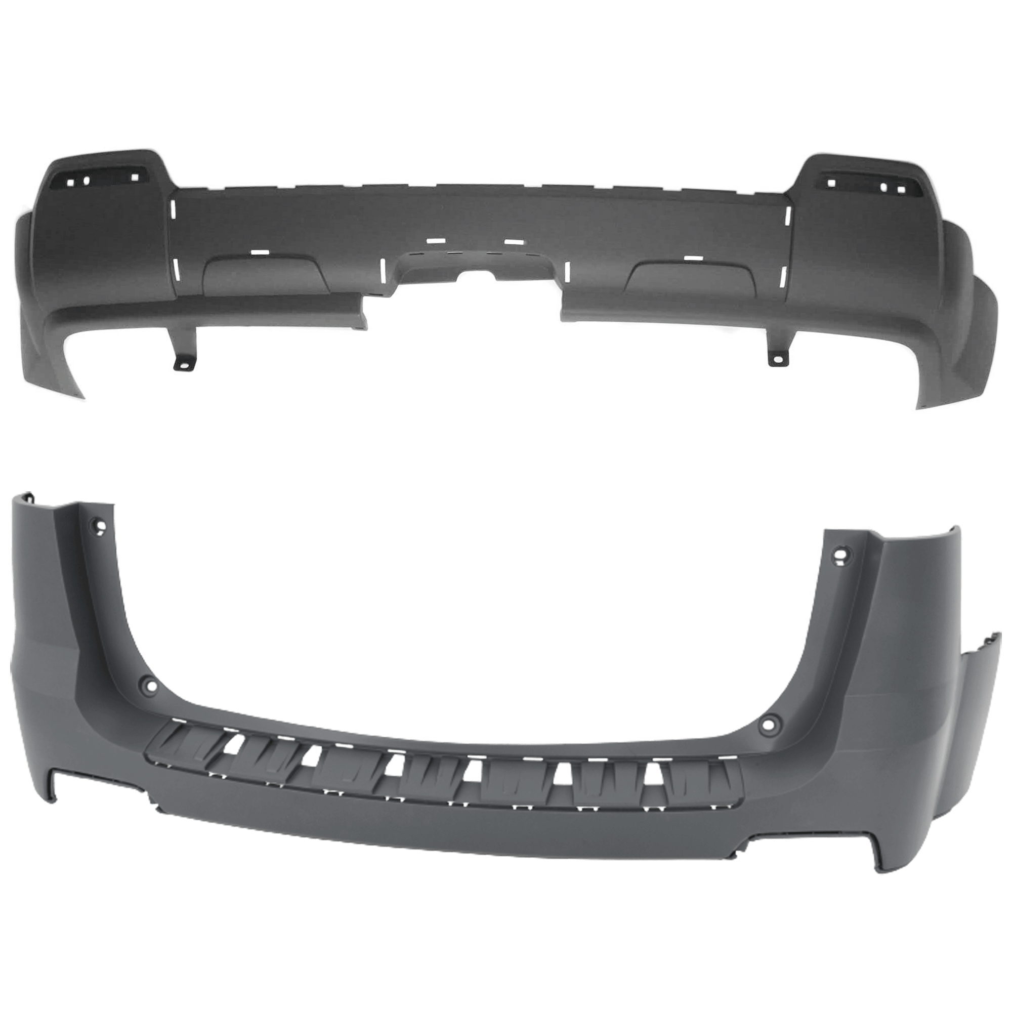 AM TERRAIN 10-15 REAR BUMPER COVER Upper and Lower Upper Primed Lower Textured Exc. Denali Model w o mounting bracket s parking aid sensor holes and Dual Exh Holes w Chrome SKU SET REPG760103P A