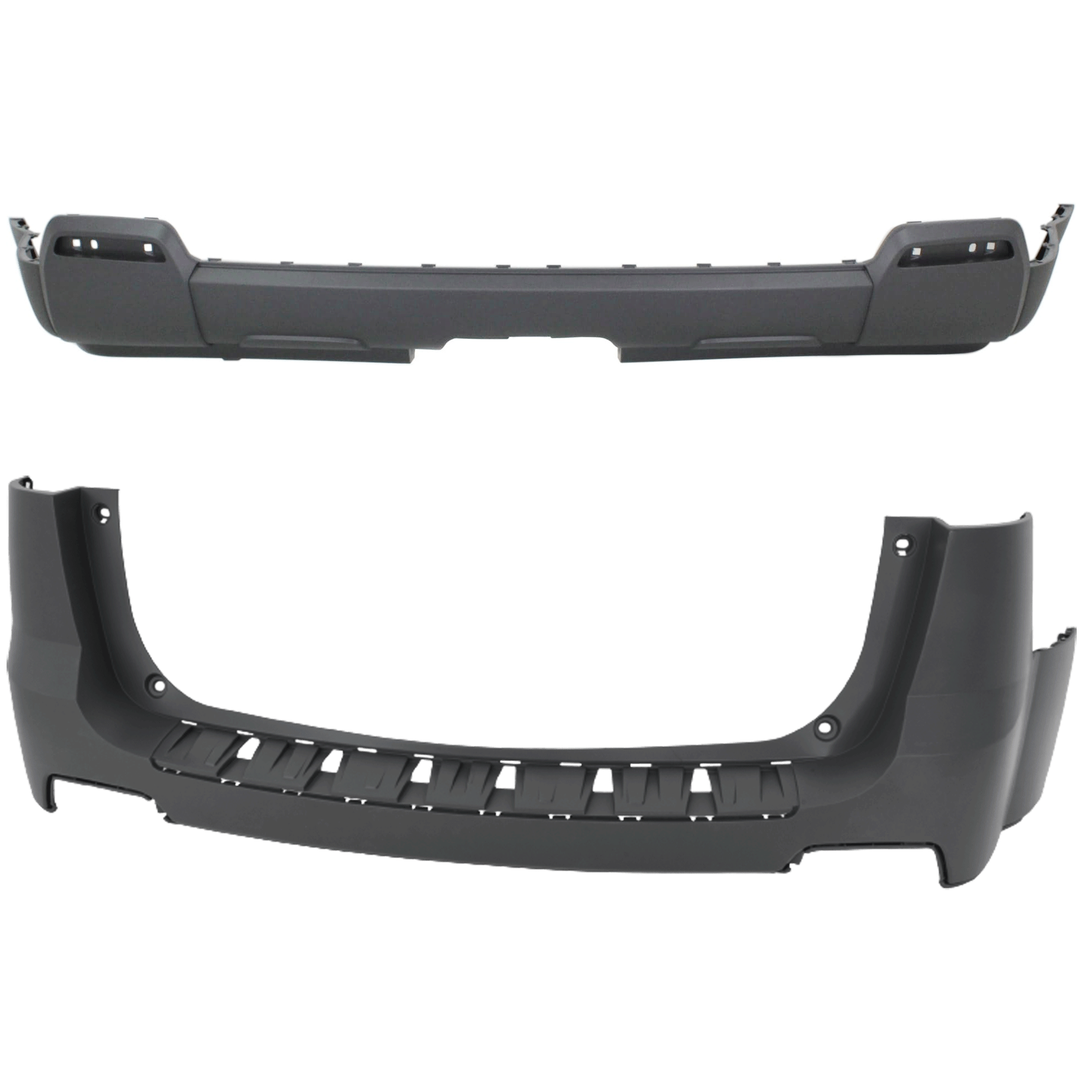AM TERRAIN 10-15 REAR BUMPER COVER Upper and Lower Primed Exc. Denali Model w o mounting bracket s parking aid sensor holes Chrome and Dual Exh Holes SKU SET REPG760103P B