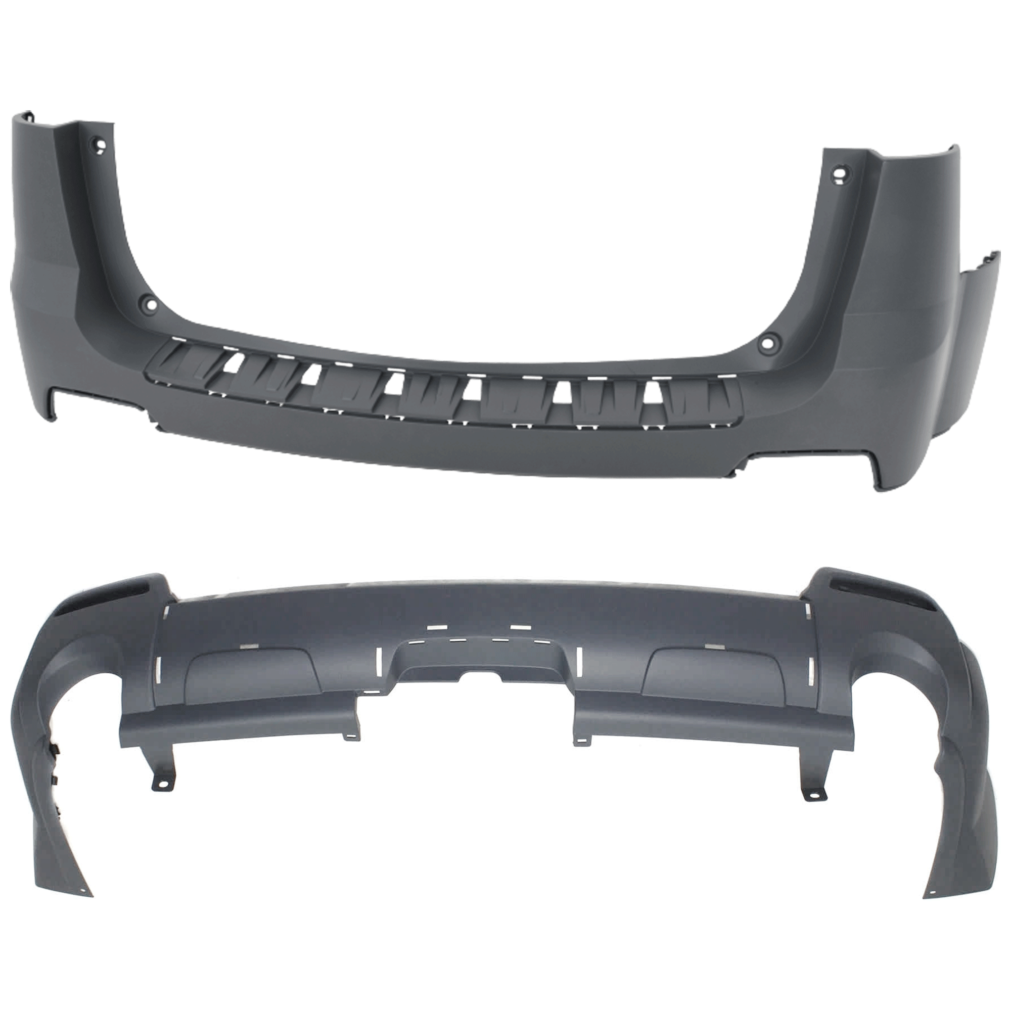 AM TERRAIN 10-15 REAR BUMPER COVER Upper and Lower Upper Primed Lower Textured Exc. Denali Model w o mounting bracket s w o parking aid sensor holes w Chrome and Dual Exh Holes SKU SET REPG760103P C