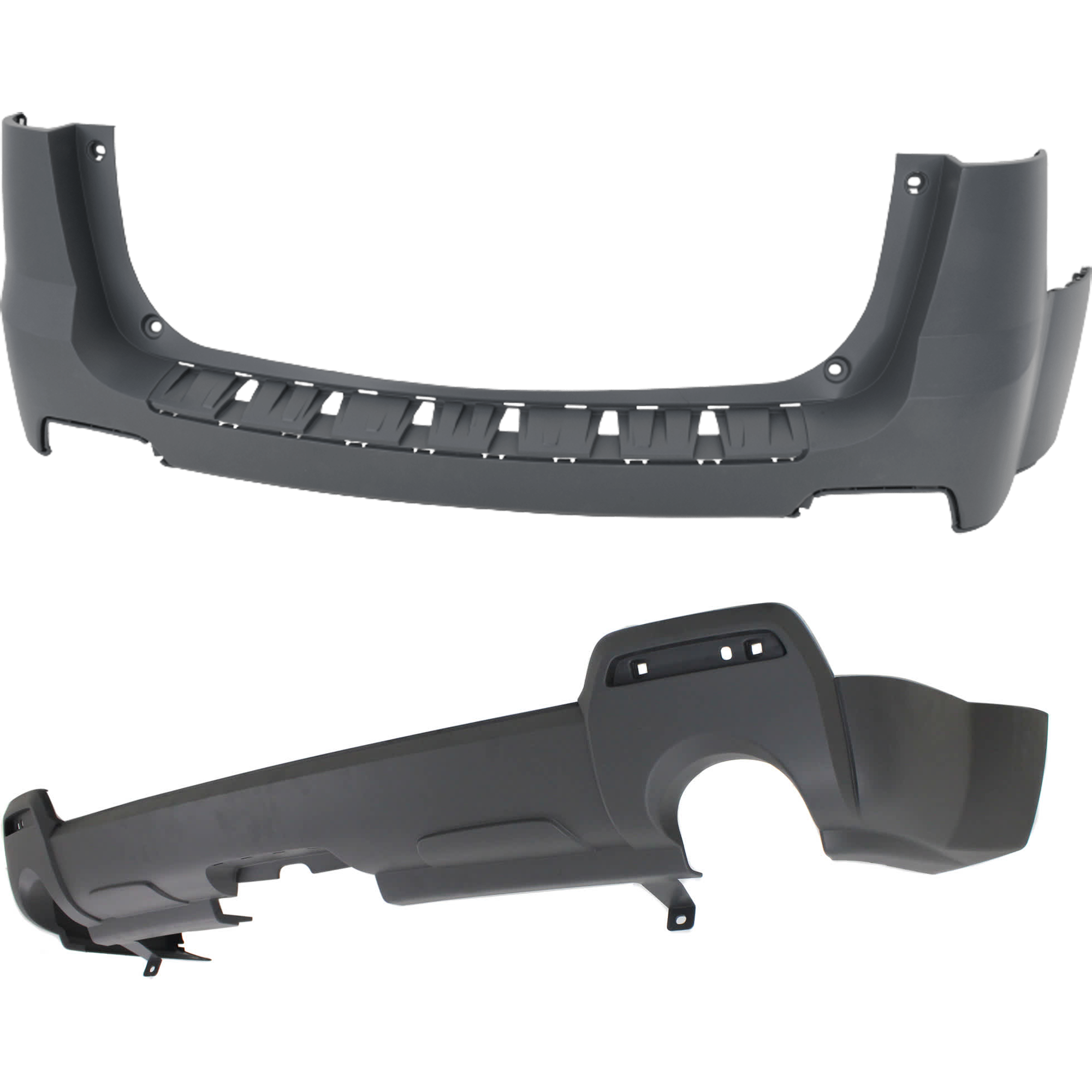 AM TERRAIN 10-15 REAR BUMPER COVER Upper and Lower Upper Primed Lower Textured Exc. Denali Model w o mounting bracket s w o parking aid sensor holes and Chrome w Dual Exh Holes SKU SET REPG760103P D