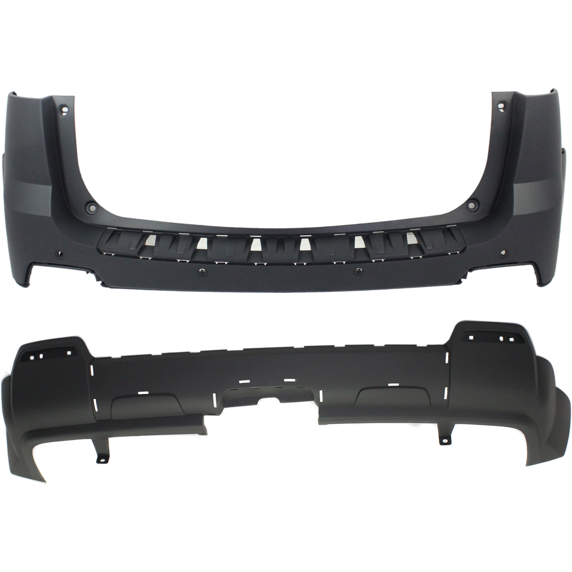 AM TERRAIN 10-15 REAR BUMPER COVER Upper and Lower Upper Primed Lower Textured Exc. Denali Model Upper w parking aid sensor holes Lower w o parking aid sensor holes w Chrome w o Dual SKU SET REPG760104P A