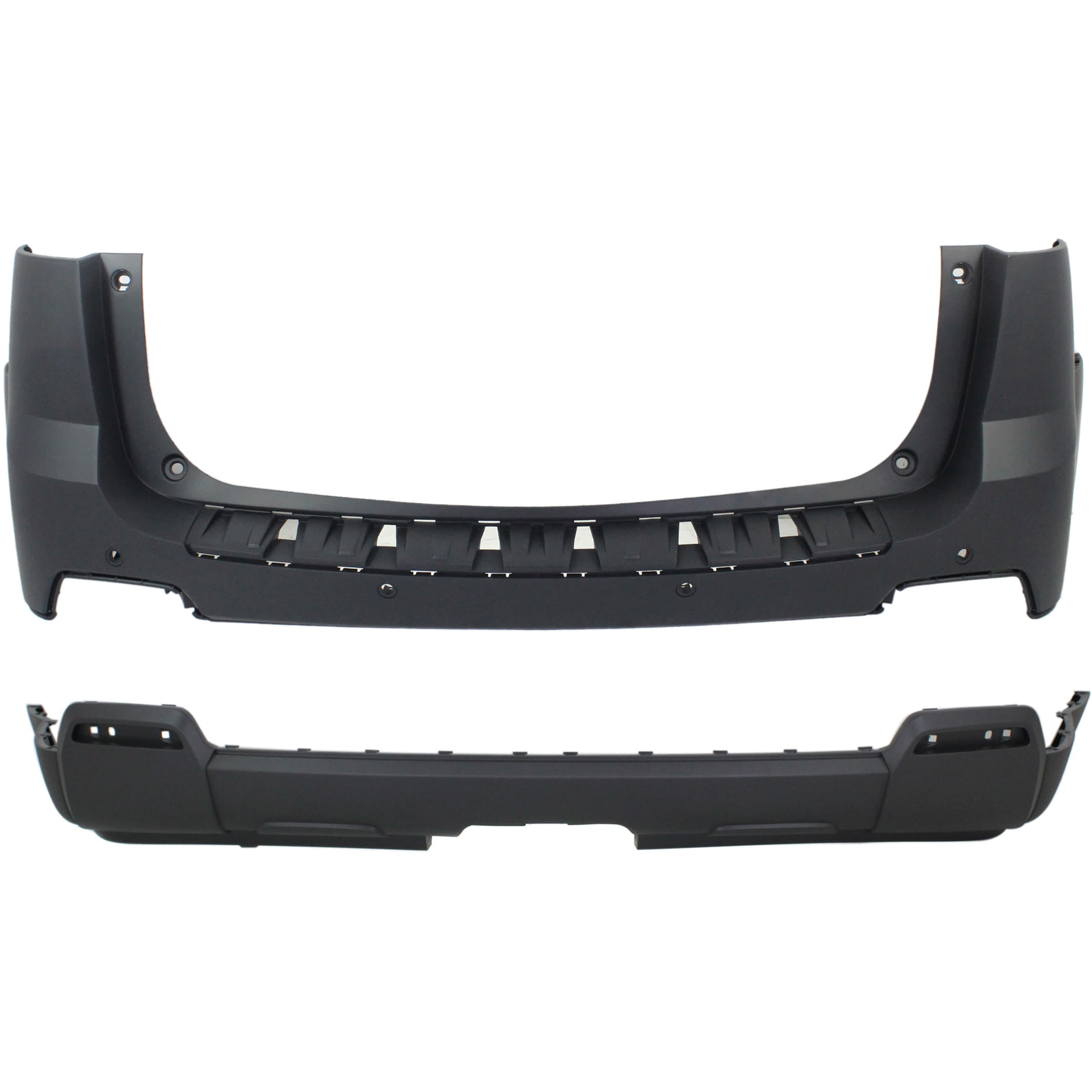 AM TERRAIN 10-15 REAR BUMPER COVER Upper and Lower Primed Exc. Denali Model Upper w parking aid sensor holes Lower w o parking aid sensor holes w o Chrome w o Dual Exh Holes SKU SET REPG760104P B