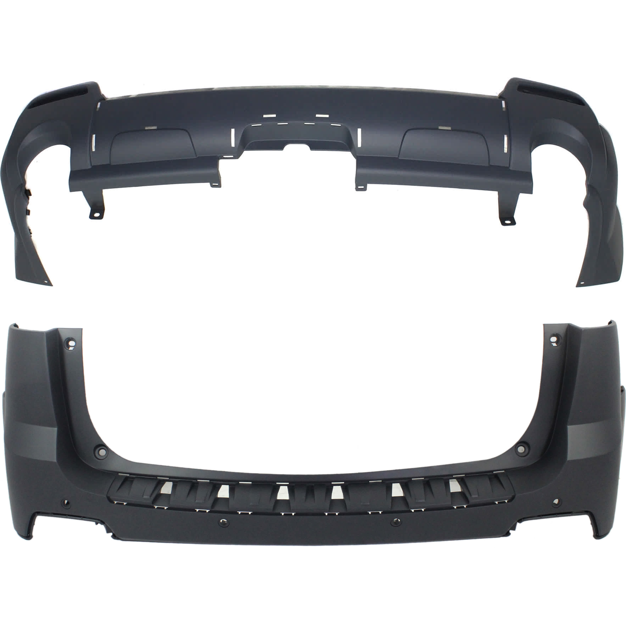 AM TERRAIN 10-15 REAR BUMPER COVER Upper and Lower Upper Primed Lower Textured Exc. Denali Model Upper w parking aid sensor holes Lower w o parking aid sensor holes w Chrome w Dual E SKU SET REPG760104P C