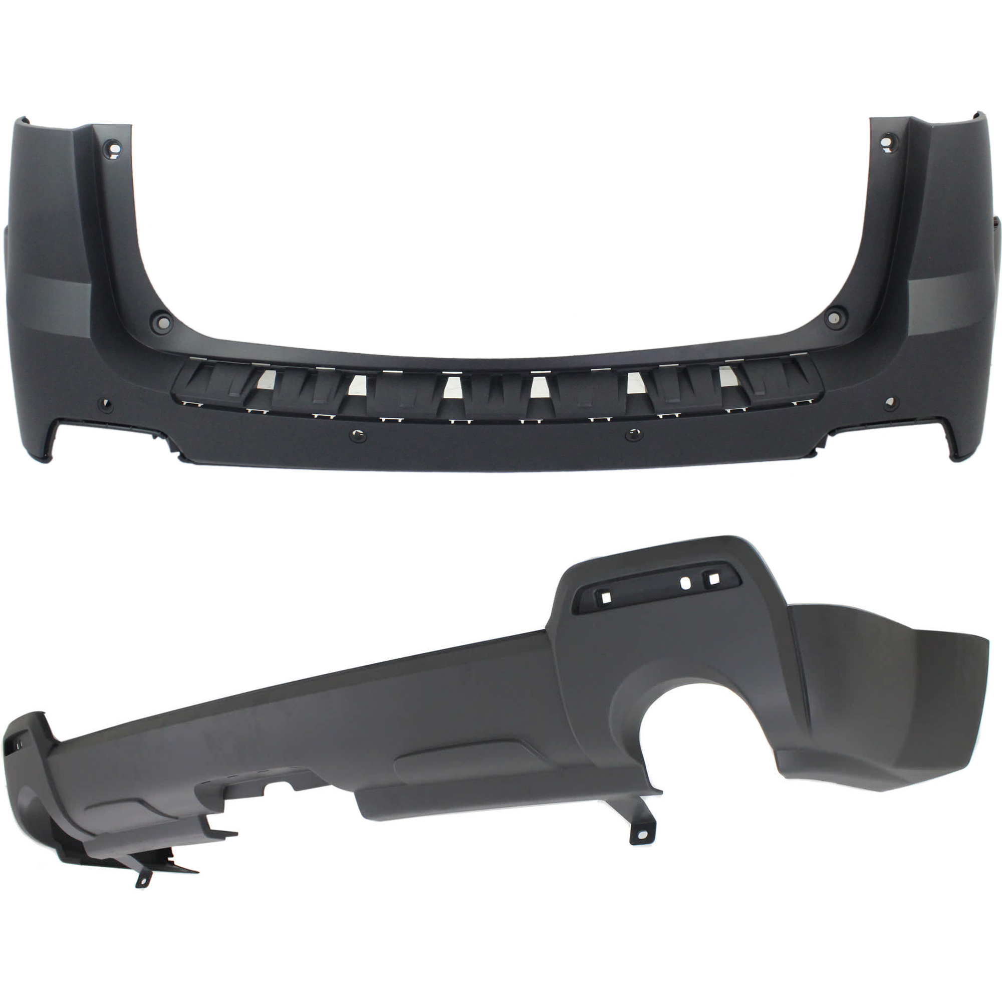 AM TERRAIN 10-15 REAR BUMPER COVER Upper and Lower Upper Primed Lower Textured Exc. Denali Model Upper w parking aid sensor holes Lower w o parking aid sensor holes w o Chrome w Dual SKU SET REPG760104P D