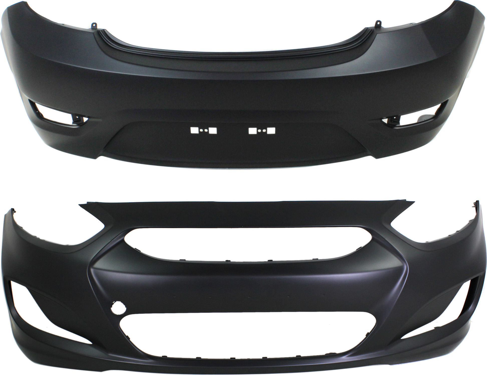 AM ACCENT 12-14 FRONT AND REAR BUMPER COVER Primed Hatchback SKU SET REPH010364P 2 Partslink HY1000188 HY1100183 OEM 865111R000-866111R200