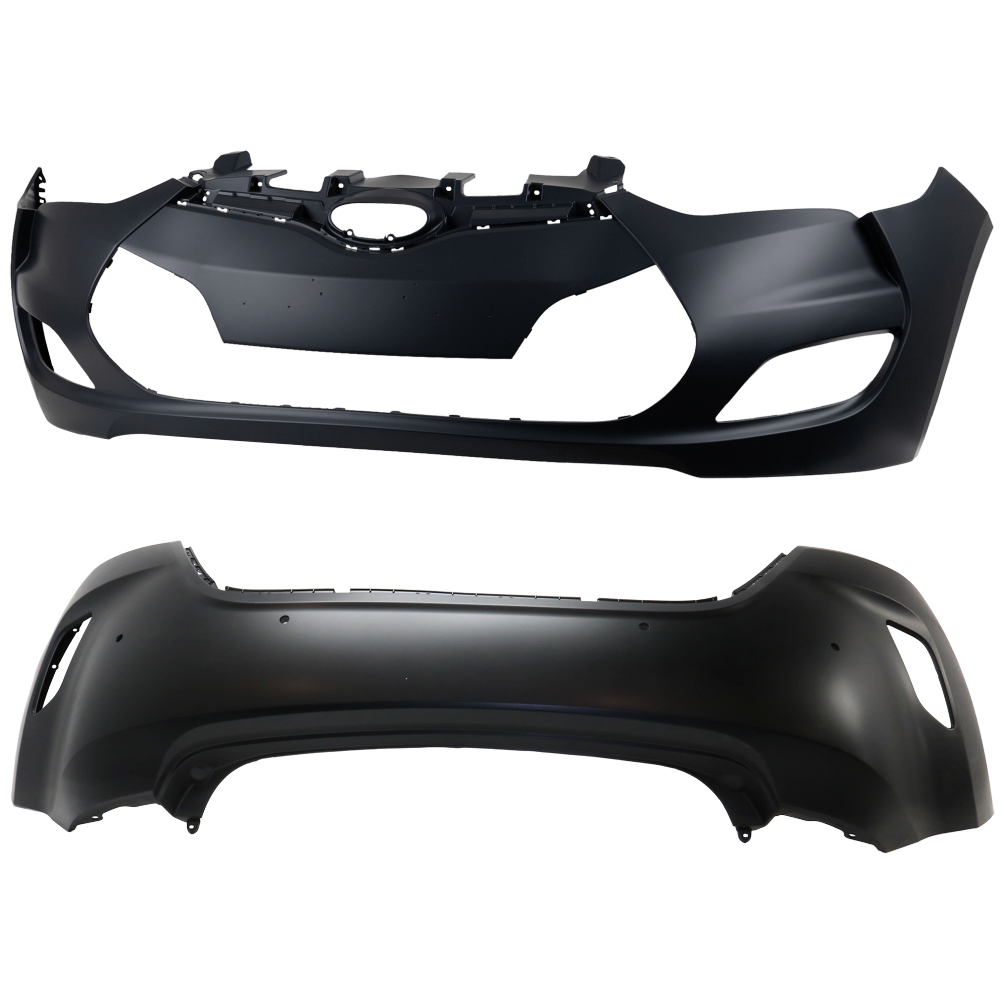 AM VELOSTER 12-17 FRONT AND REAR BUMPER COVER Primed w o mounting bracket s license plate provision and tow hook hole Non Turbo w ROS Holes Front w o parking aid sensor holes Rear w parkin SKU SET REPH010382P A