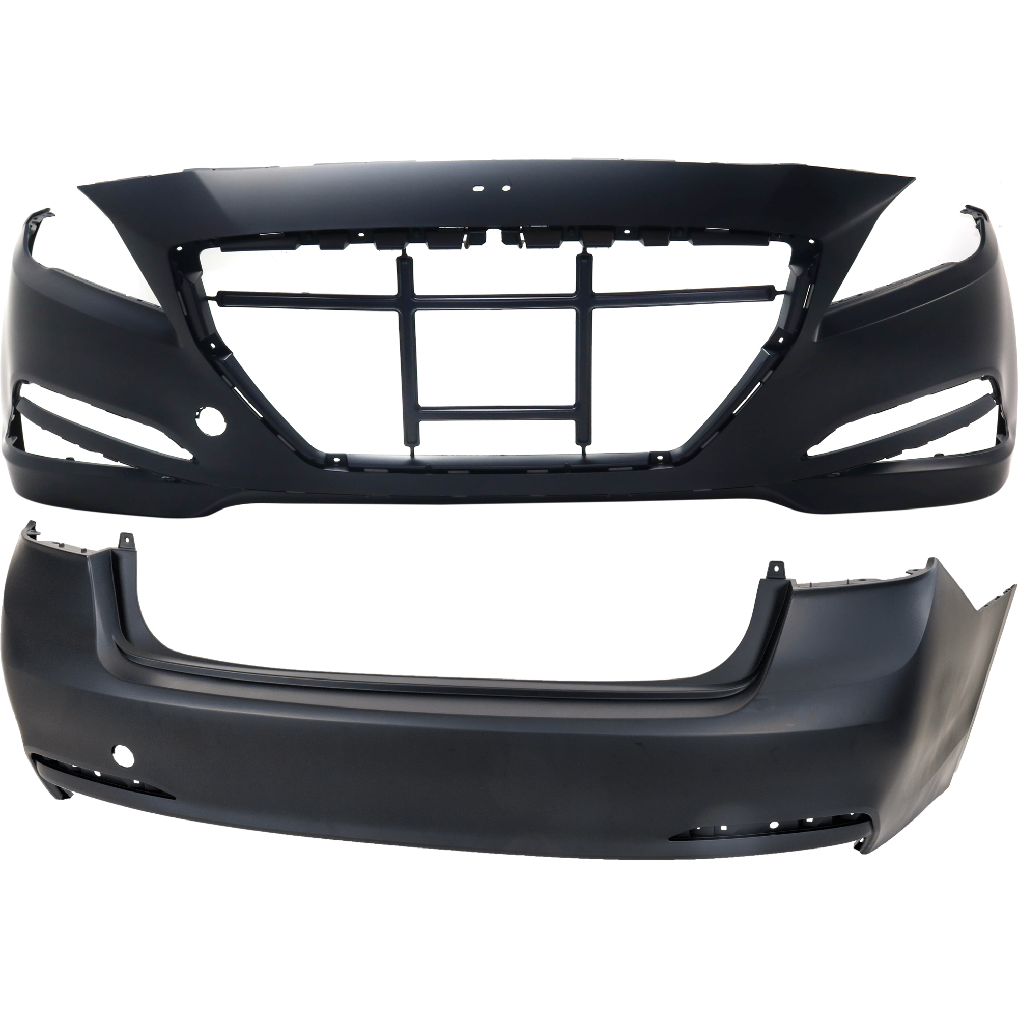 AM GENESIS 15-16 FRONT AND REAR BUMPER COVER Primed w o mounting bracket s HLW and Front and Rear Object Sensor Holes CAPA SKU SET REPHY010301Q A Partslink HY1000206C HY1100203C OEM 86511B1000-86611B1000