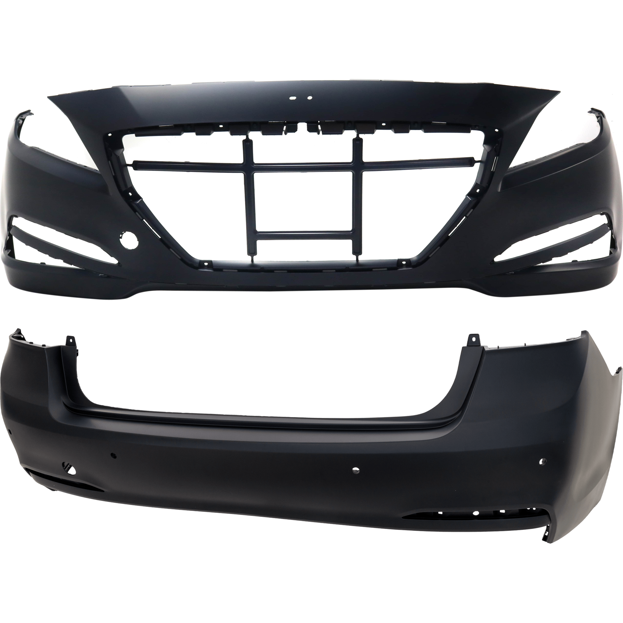 AM GENESIS 15-16 FRONT AND REAR BUMPER COVER Primed w o mounting bracket s HLW and Front Object Sensor Holes w Rear Object Sensor Holes CAPA SKU SET REPHY010301Q B Partslink HY1000206C HY1100204C OEM 86511B1000-86640B1100