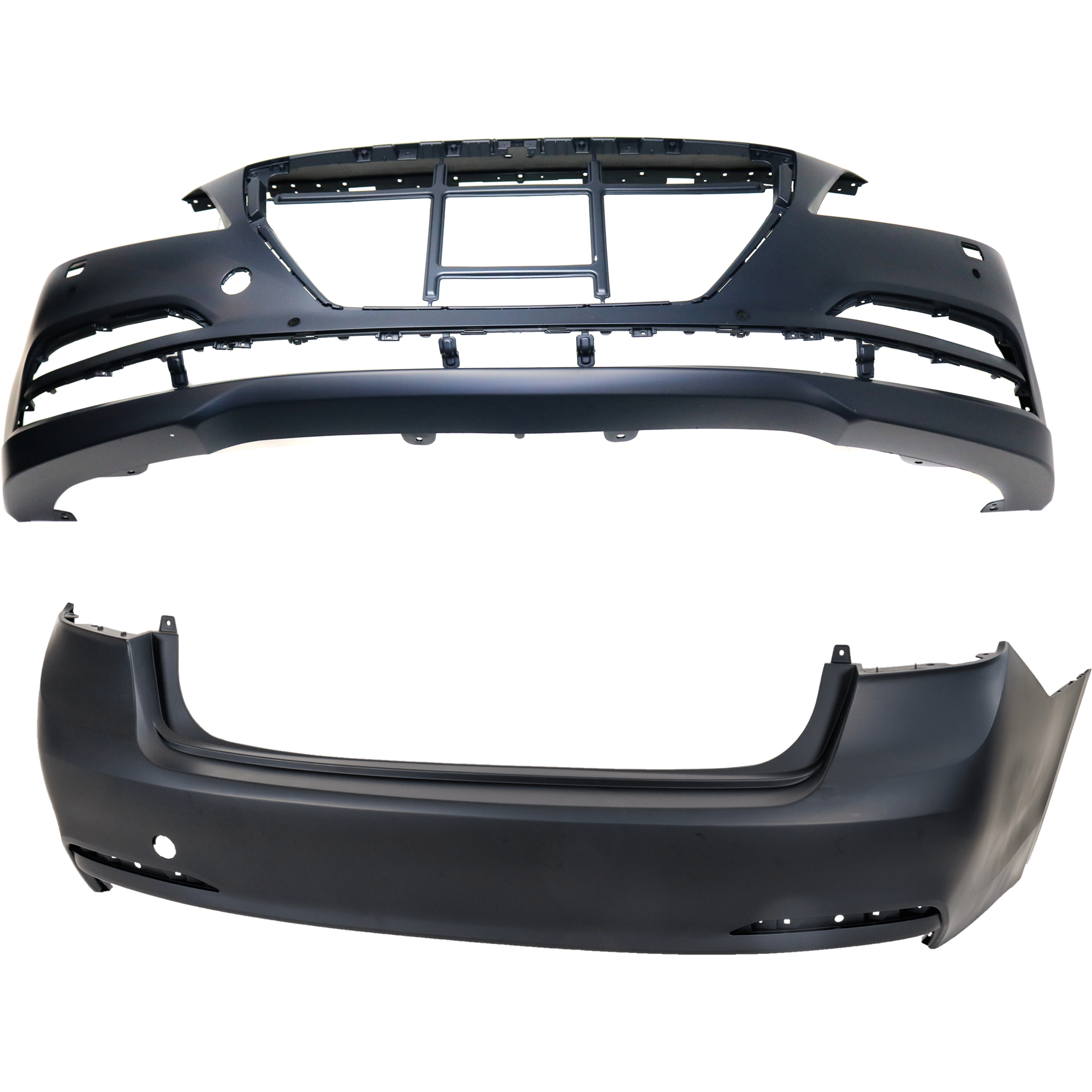 AM G80-17-17 GENESIS 15-16 FRONT AND REAR BUMPER COVER Primed w o mounting bracket s and Rear Object Sensor Holes w HLW and Front Object Sensor Holes CAPA SKU SET REPHY010305PQ A Partslink HY1000208C HY1100203C OEM 86540B1200-86611B1000