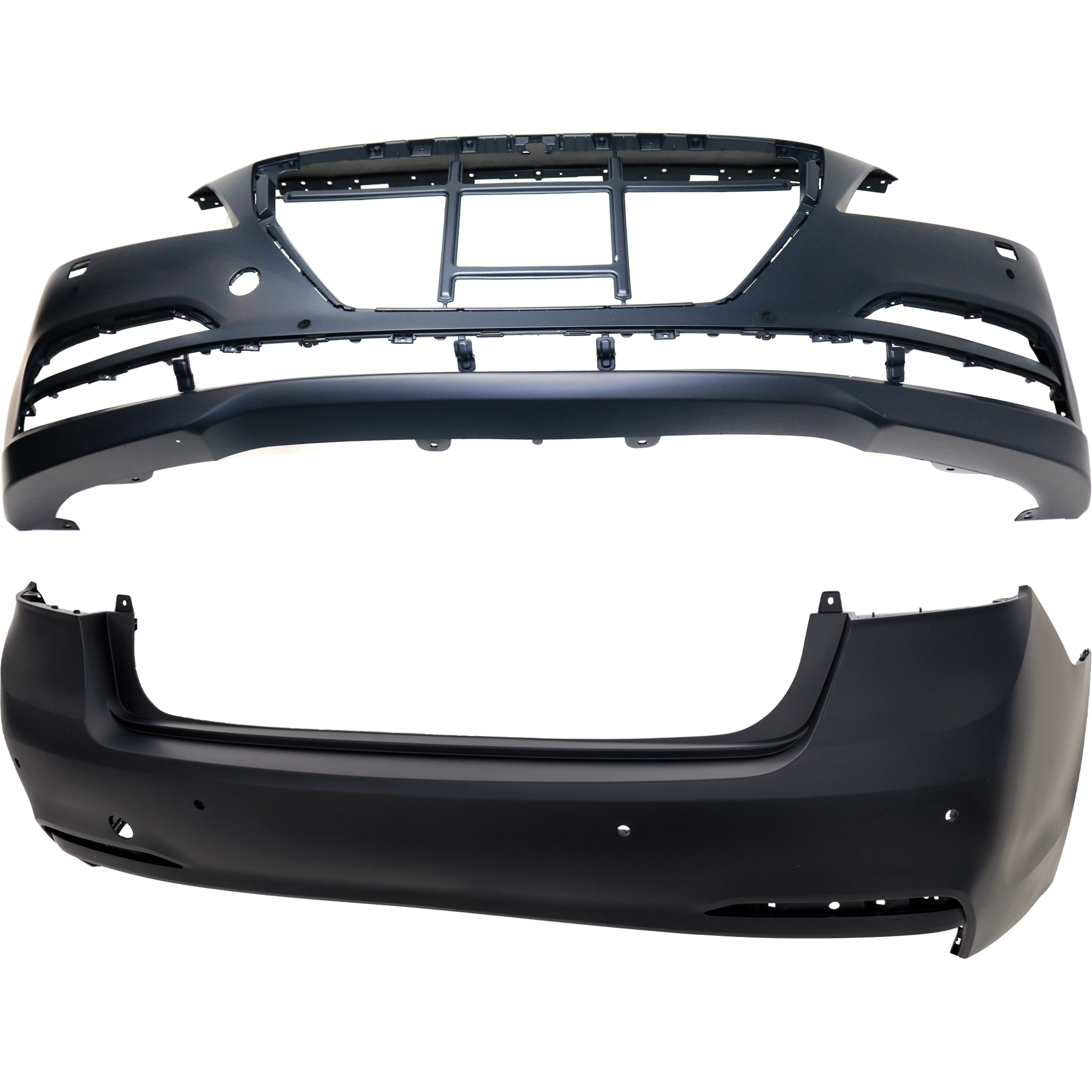 AM G80-17-17 GENESIS 15-16 FRONT AND REAR BUMPER COVER Primed w o mounting bracket s w HLW and Front and Rear Object Sensor Holes CAPA SKU SET REPHY010305PQ B Partslink HY1000208C HY1100204C OEM 86540B1200-86640B1100