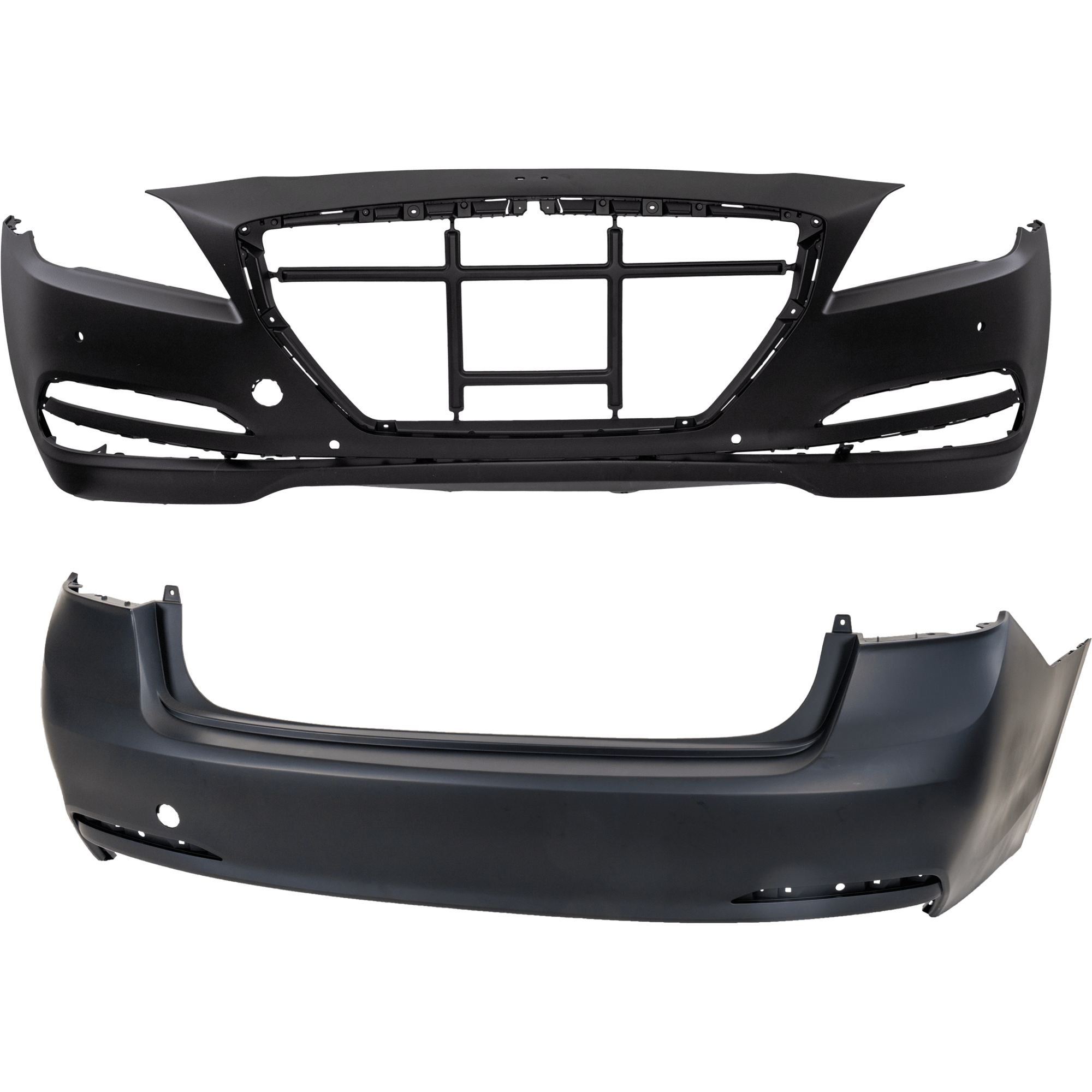 AM G80-17-17 GENESIS 15-16 FRONT AND REAR BUMPER COVER Primed w o mounting bracket s HLW Holes and Rear Object Sensor Holes w Front Object Sensor Holes CAPA SKU SET REPHY010306PQ A Partslink HY1000209C HY1100203C OEM 86540B1400-86611B1000
