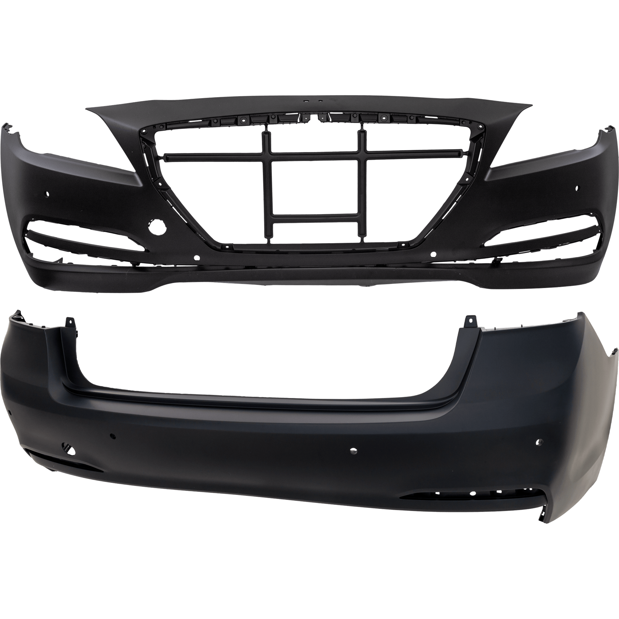 AM G80-17-17 GENESIS 15-16 FRONT AND REAR BUMPER COVER Primed w o mounting bracket s and HLW Holes w Front and Rear Object Sensor Holes CAPA SKU SET REPHY010306PQ B Partslink HY1000209C HY1100204C OEM 86540B1400-86640B1100