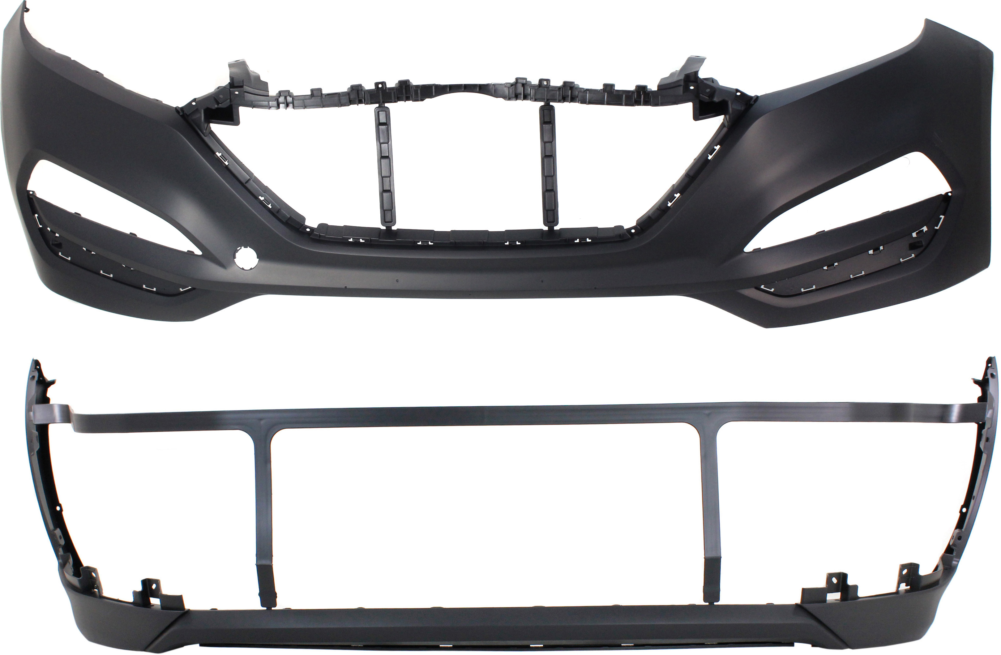 AM TUCSON 16-18 FRONT BUMPER COVER Upper and Lower w o Skid Plate SKU SET REPHY010307-2 Partslink HY1014101 HY1015104 OEM 86511D3000-86512D3000