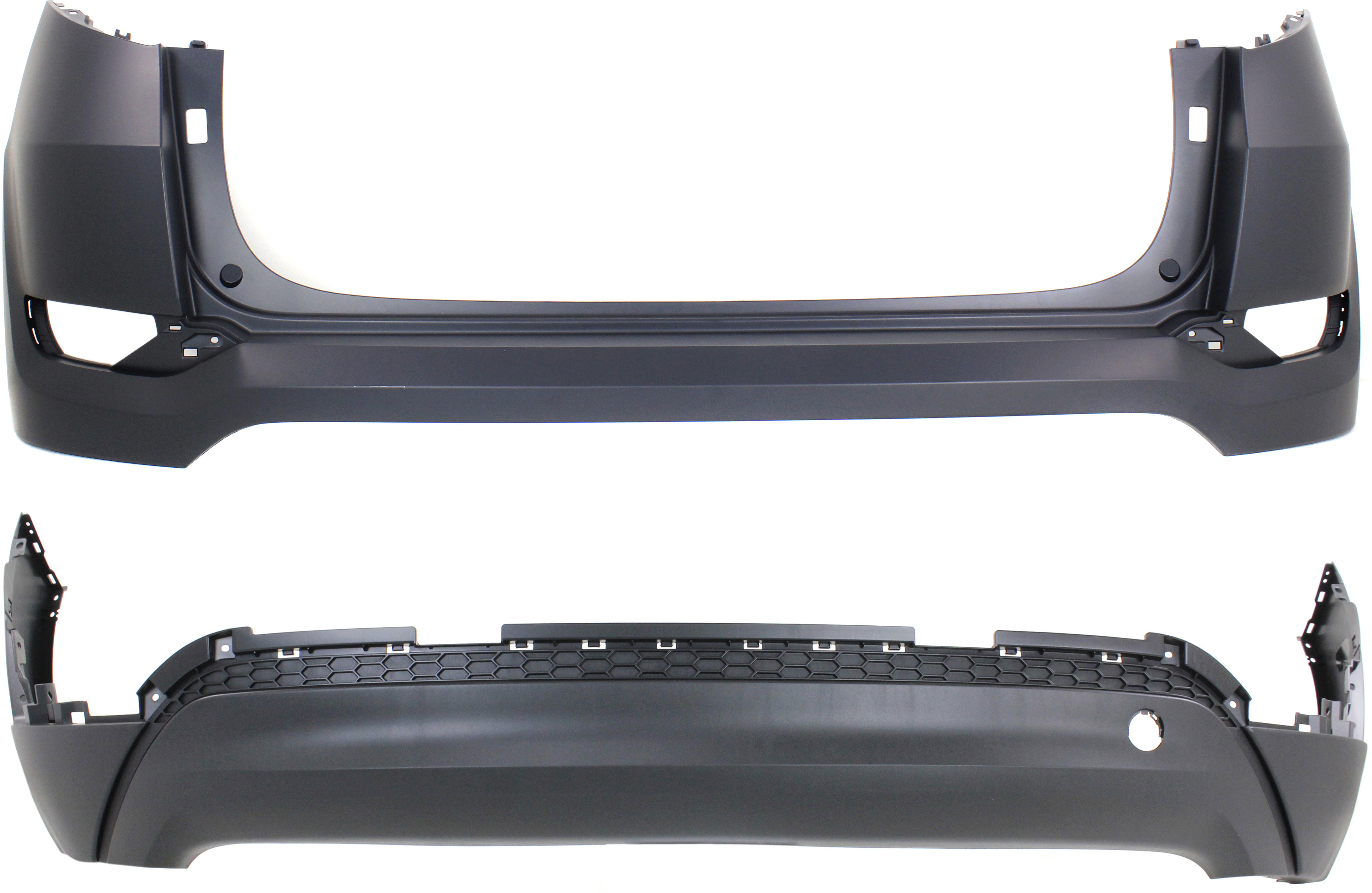 AM TUCSON 16-18 REAR BUMPER COVER Upper and Lower without Park Assist Snsr Holes and BSD SKU SET REPHY760108-2 Partslink HY1114103 HY1115111 OEM 86611D3000-86612D3000