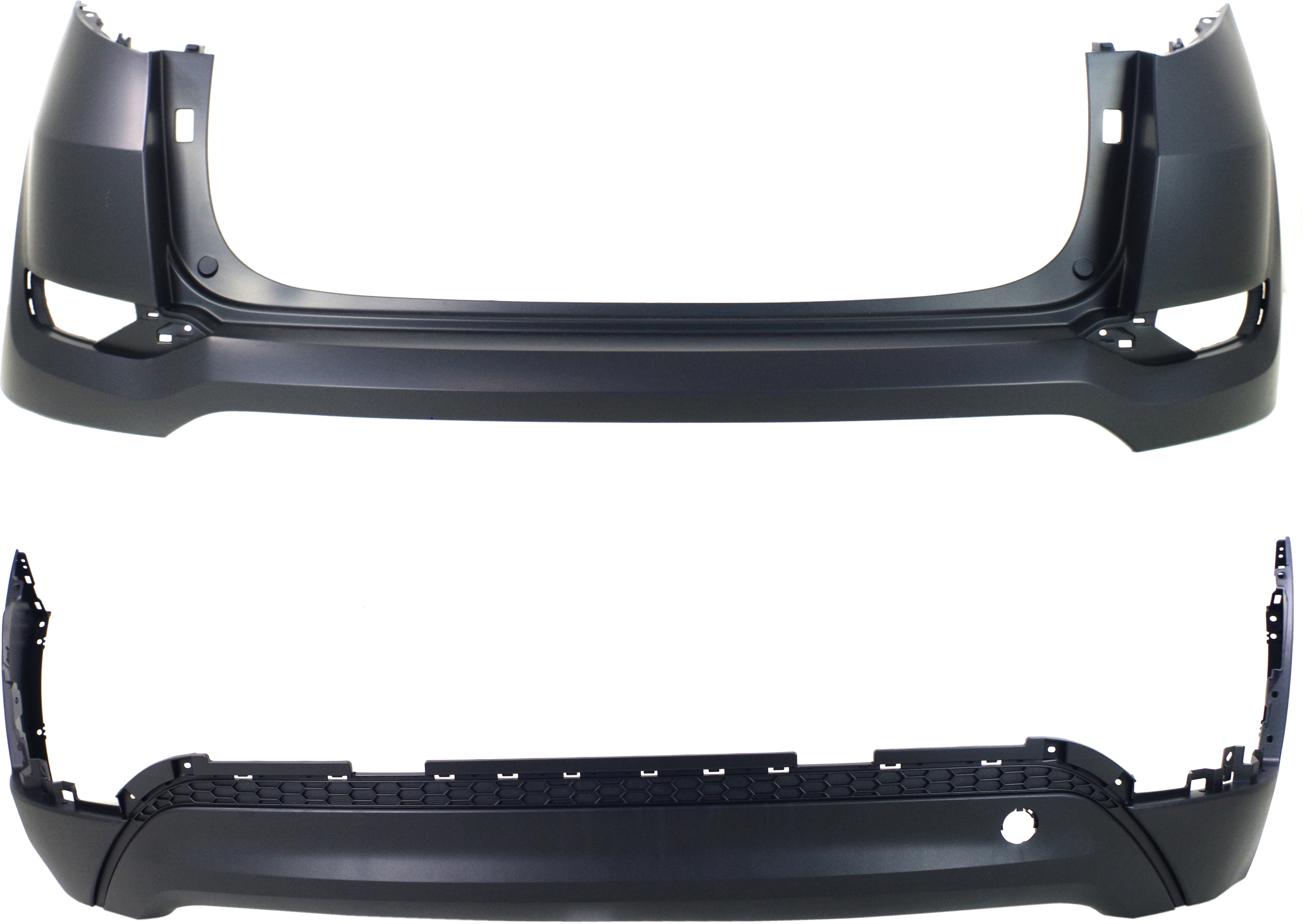 AM TUCSON 16-18 REAR BUMPER COVER Upper and Lower without Park Assist Snsr Holes and BSD CAPA SKU SET REPHY760108Q 2 Partslink HY1114103C HY1115111C OEM 86611D3000-86612D3000