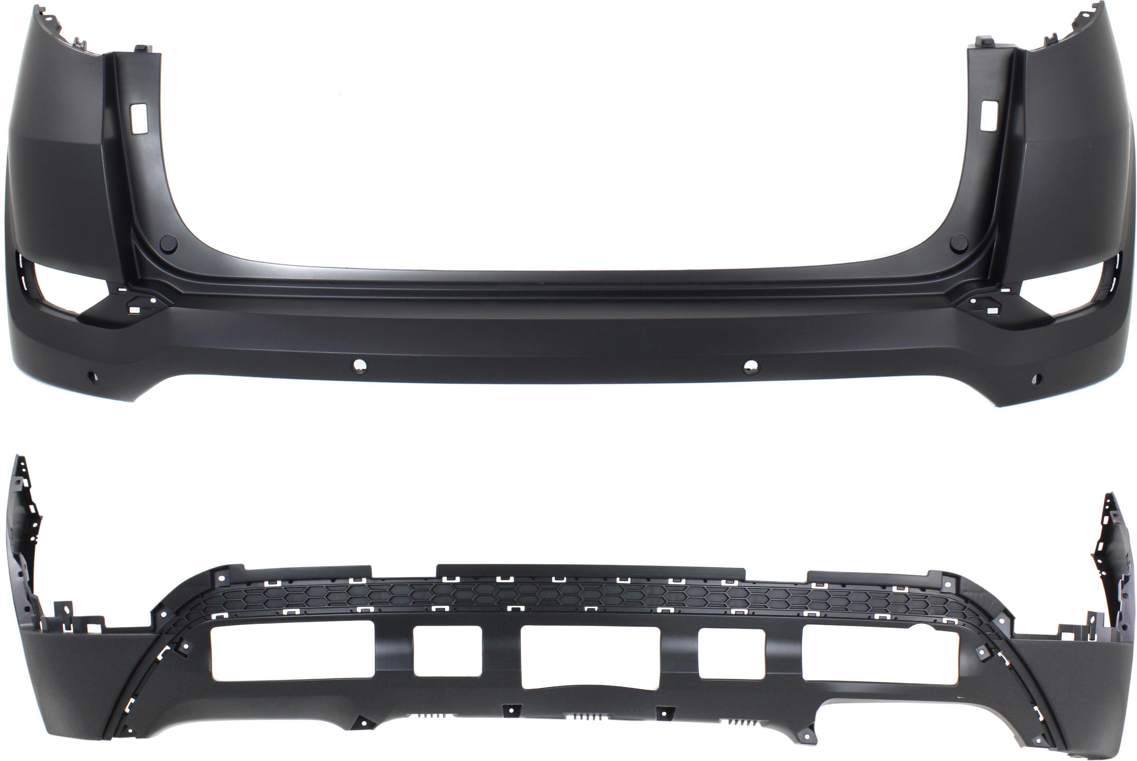 AM TUCSON 16-18 REAR BUMPER COVER Upper and Lower with Park Assist Snsr Holes and BSD SKU SET REPHY760109-2 Partslink HY1114104 HY1115112 OEM 86612D3100-86640D3000