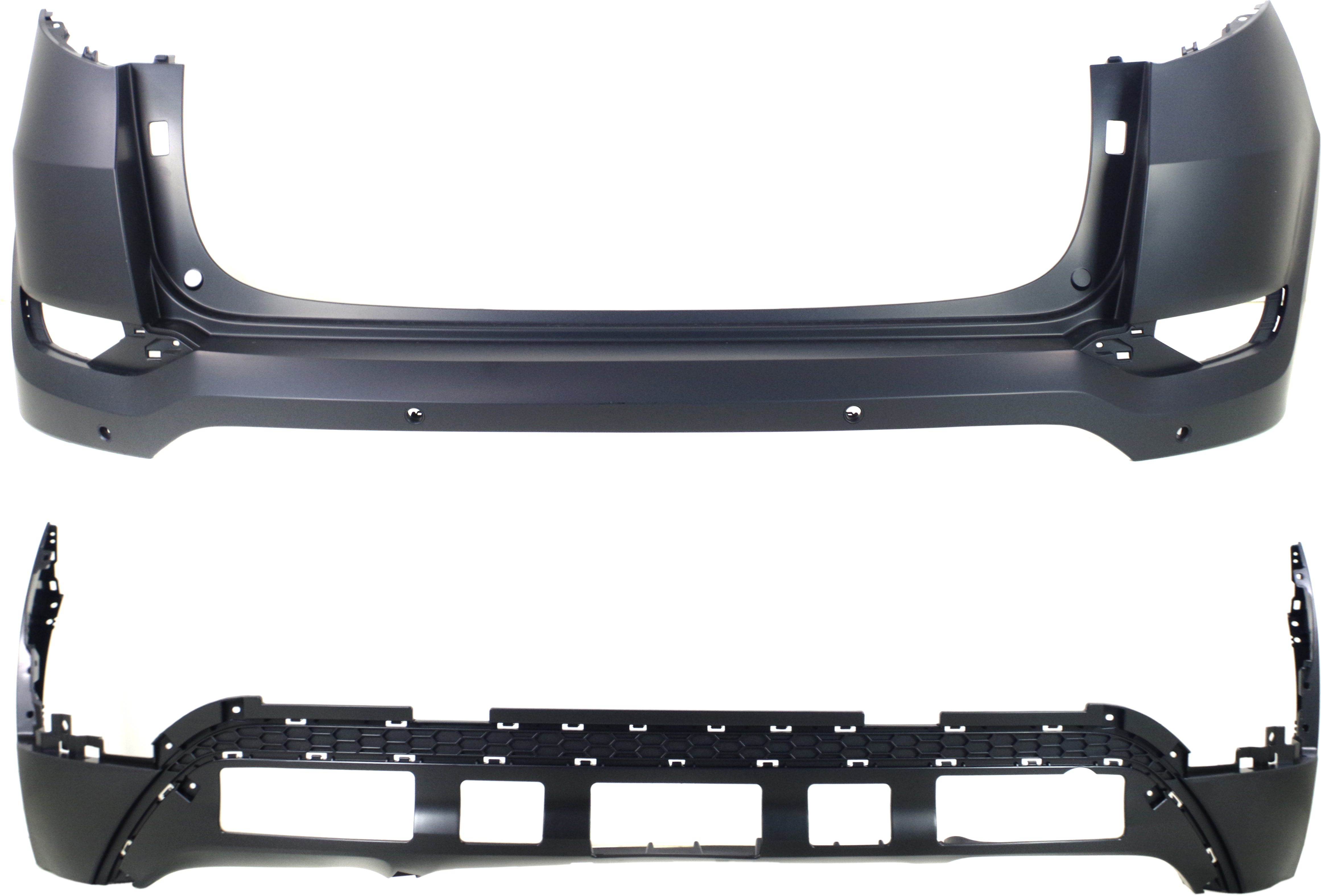 AM TUCSON 16-18 REAR BUMPER COVER Upper and Lower with Park Assist Snsr Holes and BSD CAPA SKU SET REPHY760109Q 2 Partslink HY1114104C HY1115112C OEM 86612D3100-86640D3000