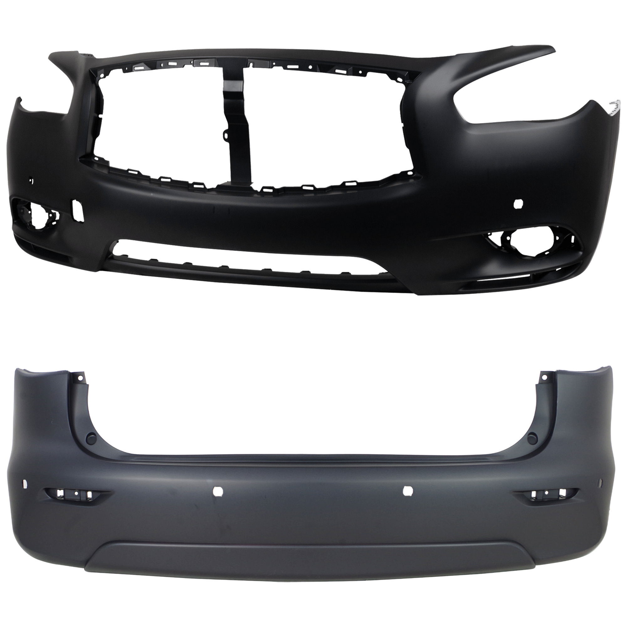AM JX35-13-13 QX60-14-15 FRONT AND REAR BUMPER COVER Primed w o mounting bracket s and license plate provision w parking aid sensor holes Front w tow hook hole Rear w o tow hook hole SKU SET REPI010324P A