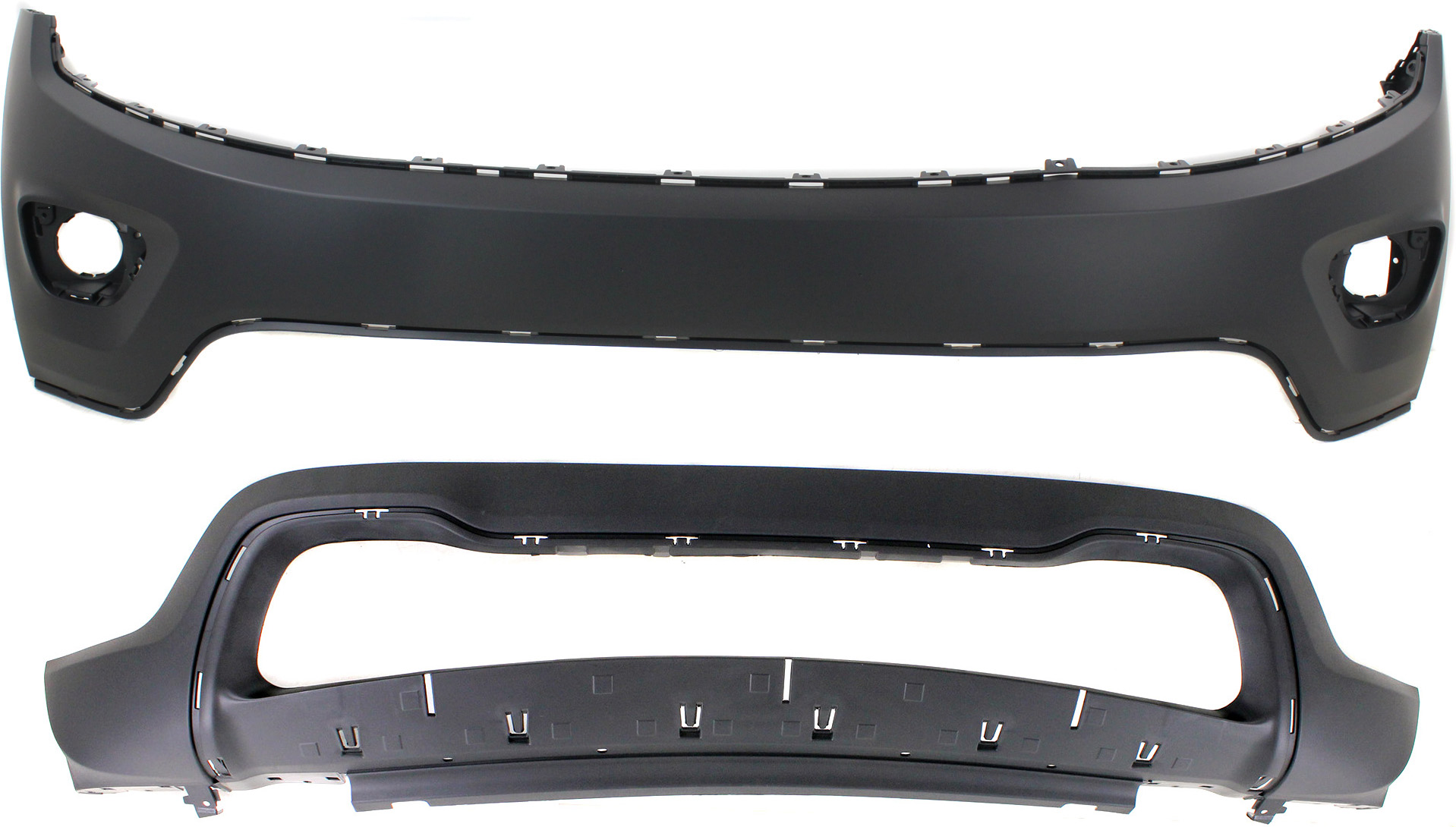 AM GRAND CHEROKEE 14-16 FRONT BUMPER COVER Set of 2 Upper and Lower w o IPAS Holes Exc. SRT 8 Model SKU SET REPJ010324P 2 Partslink CH1014105 CH1015114 OEM 1WL27TZZAC 68143076AD