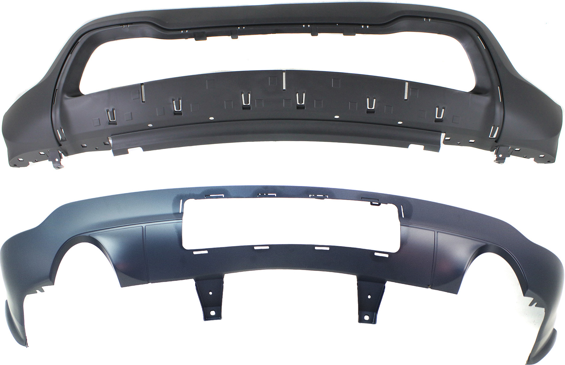 AM GRAND CHEROKEE 14-16 FRONT AND REAR BUMPER COVER Lower Front Textured Rear Primed Exc. SRT8 Model w Towing Package w Dual Exhaust Holes Type 2 CAPA SKU SET REPJ010326Q 2 Partslink CH1015114C CH1115108C OEM 1VQ68TZZAB 68143076AD
