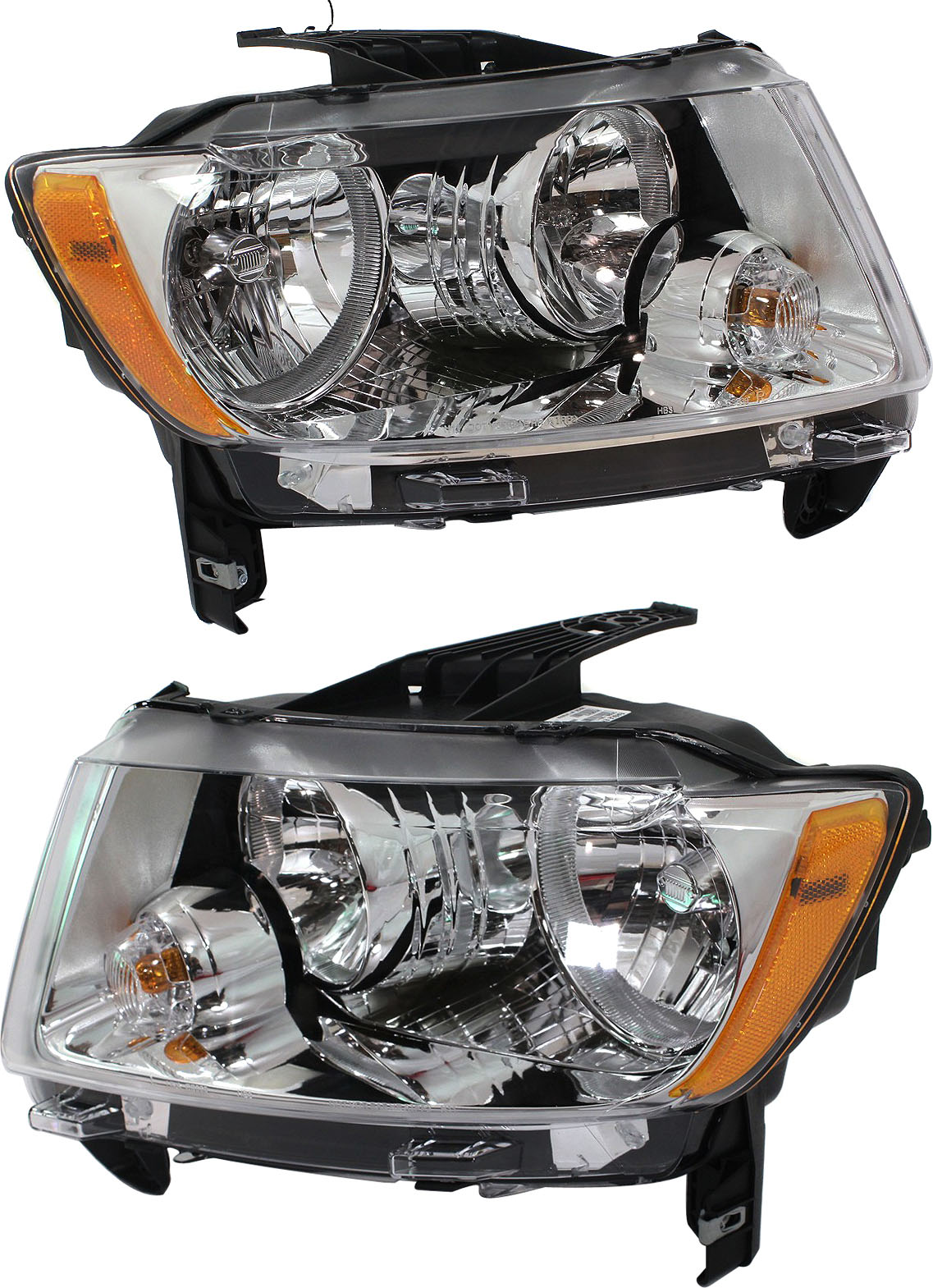 AM COMPASS 11-13 HEAD LAMP RH AND LH Assembly Halogen Standard Type Code LMB w o Black Trim SKU SET REPJ100121 OEM 68088868AD PFM 68088869AD PFM
