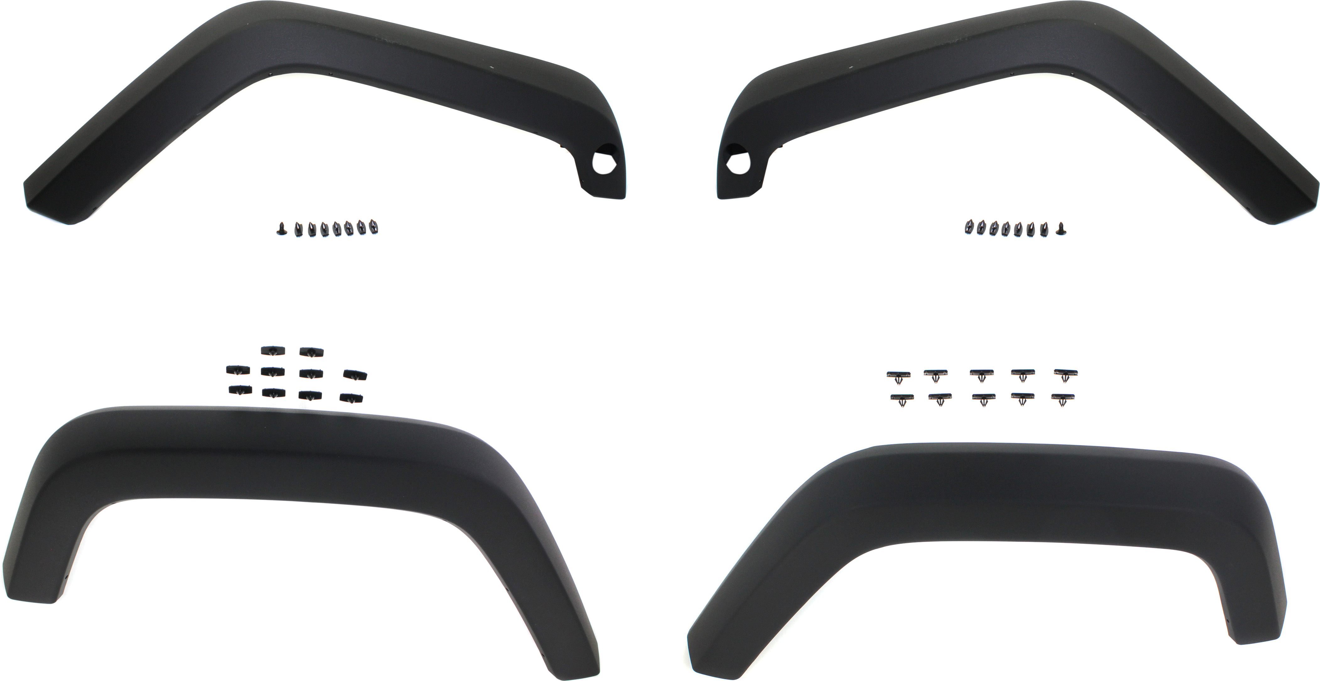 AM WRANGLER JK 07-18 FRONT AND REAR WHEEL OPENING MOLDING RH AND LH Flare Plastic Textured Black SKU SET REPJ221317-4 Partslink CH1269119 CH1268119 CH1769107 CH1768107 OEM 5KF09RXFAH 5KF17RXFAE 5KF08RXF