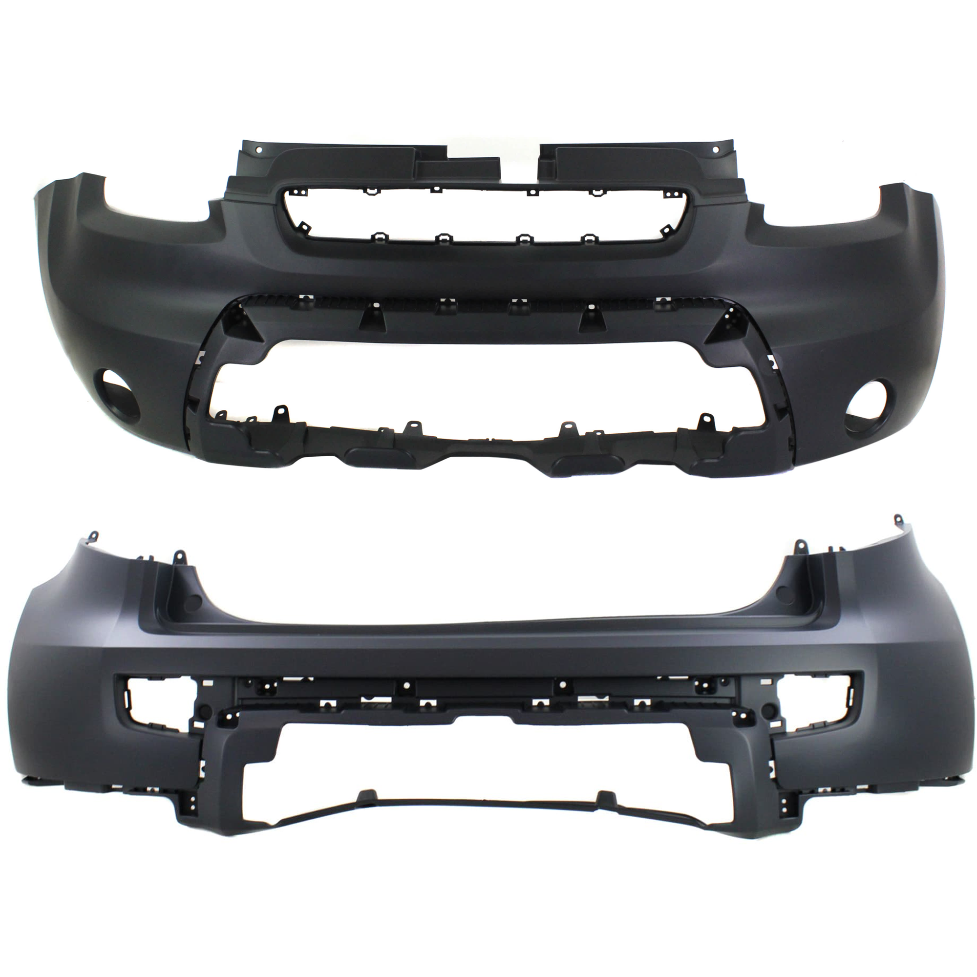 AM SOUL 10-11 FRONT AND REAR BUMPER COVER Primed 2 Piece Front Type A Rear Type B w o mounting bracket s license plate provision tow hook hole and parking aid sensor holes SKU SET REPK010307P A